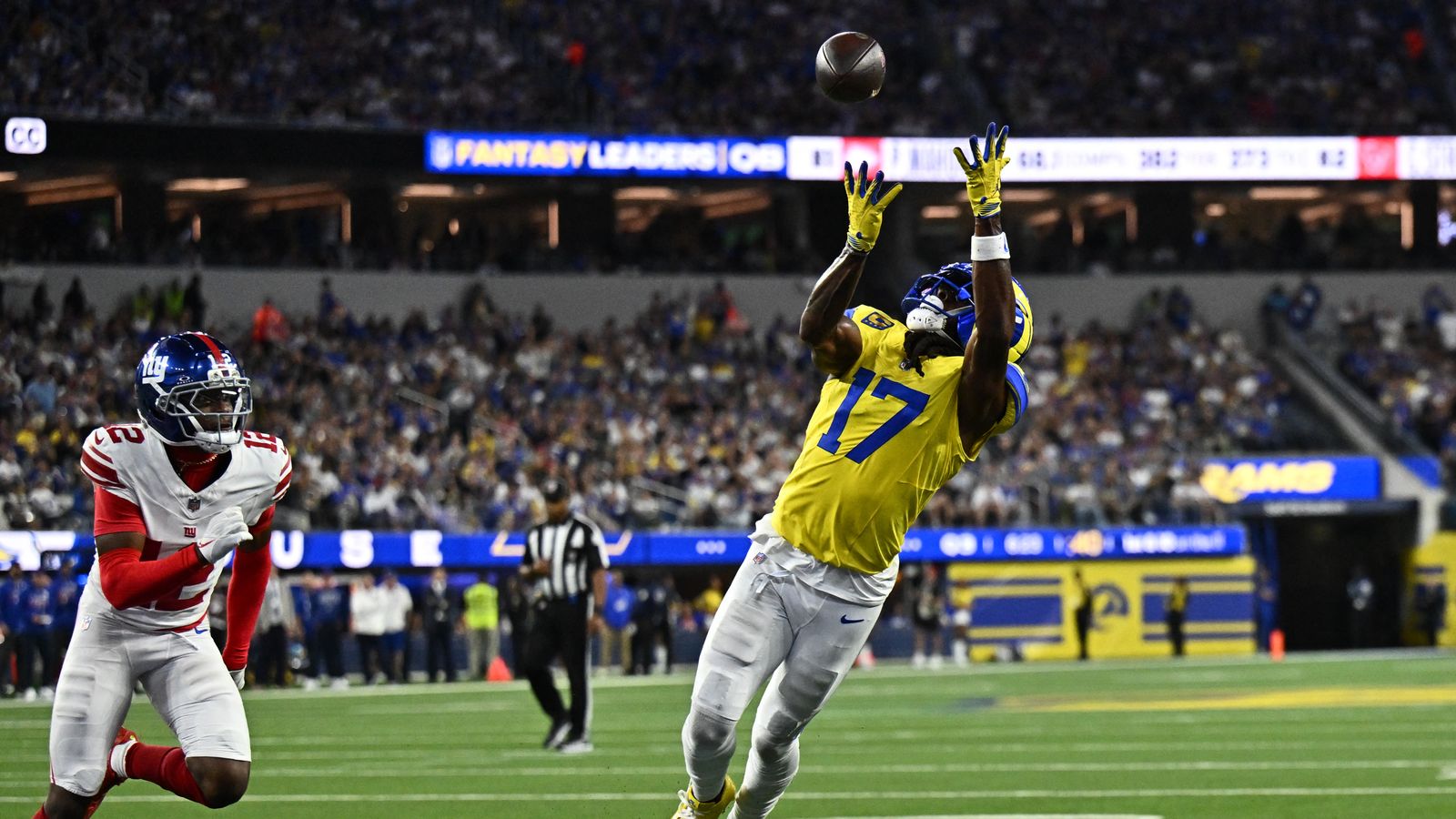 Davante Adams scores a touchdown for the Rams at SoFi Stadium.