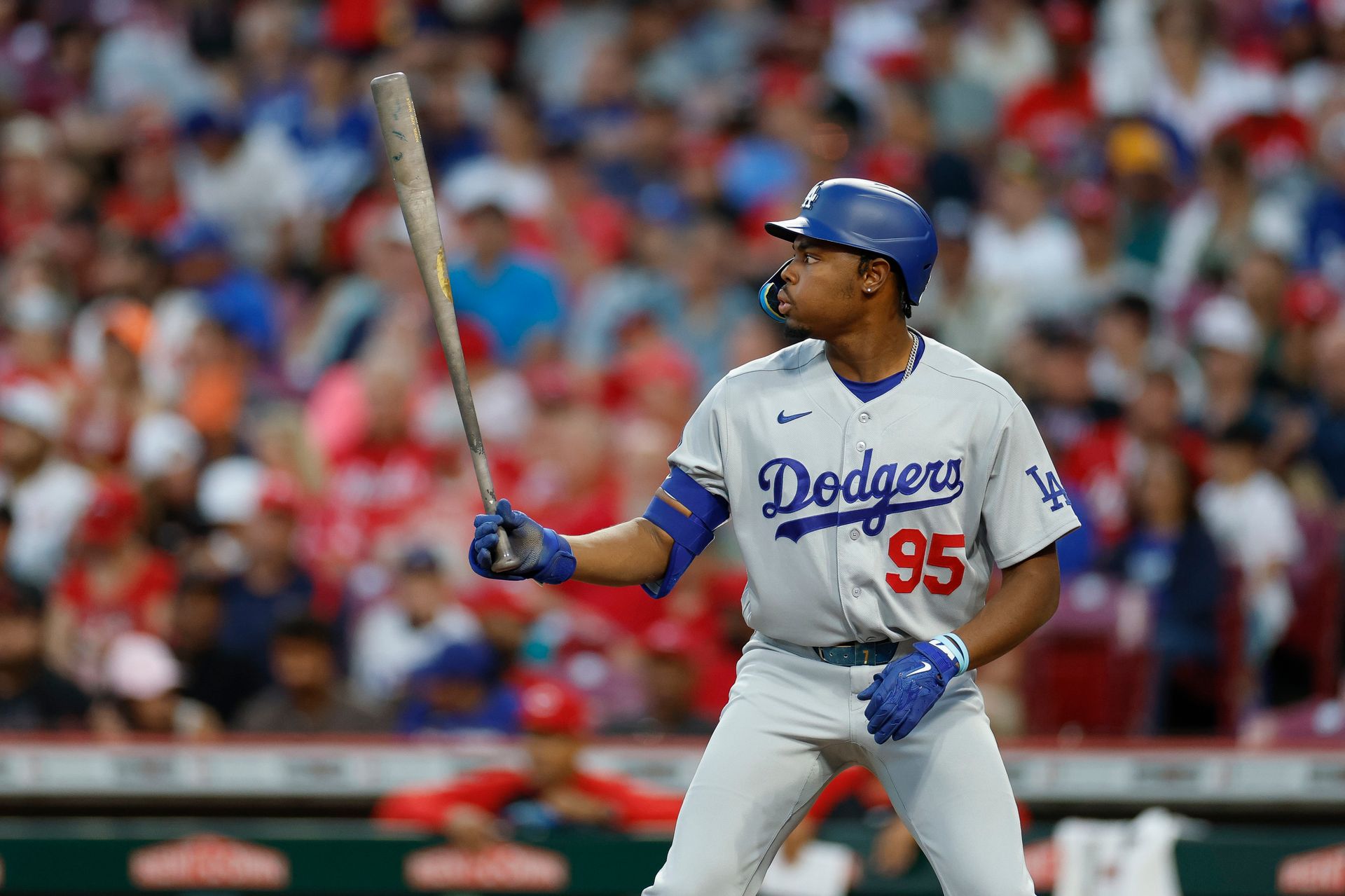 Josue de Paula at bat against the Reds at Great American Ball Park, 2026