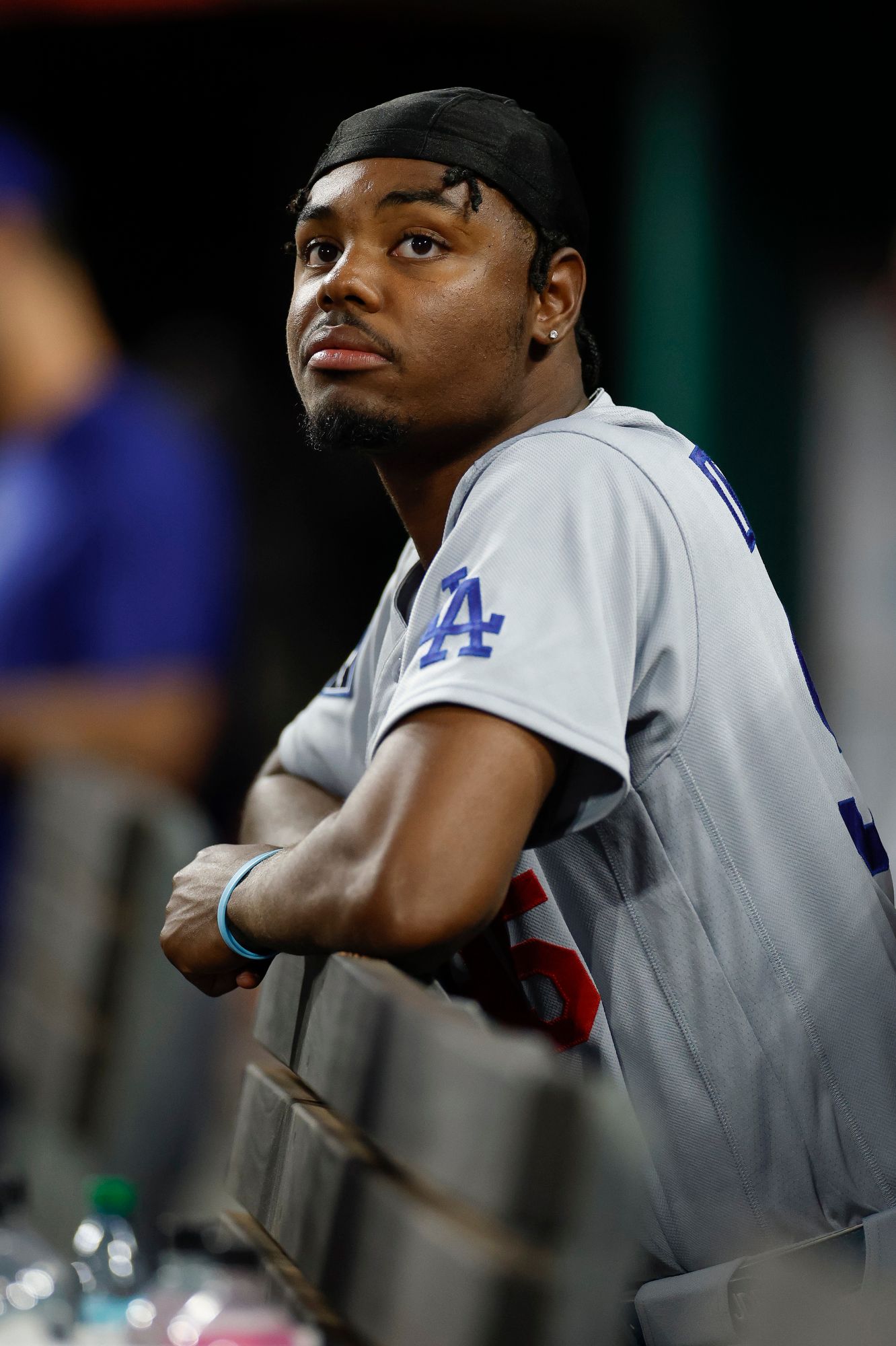 Josue de Paula in the dugout during the Dodgers vs. Reds game, 2026