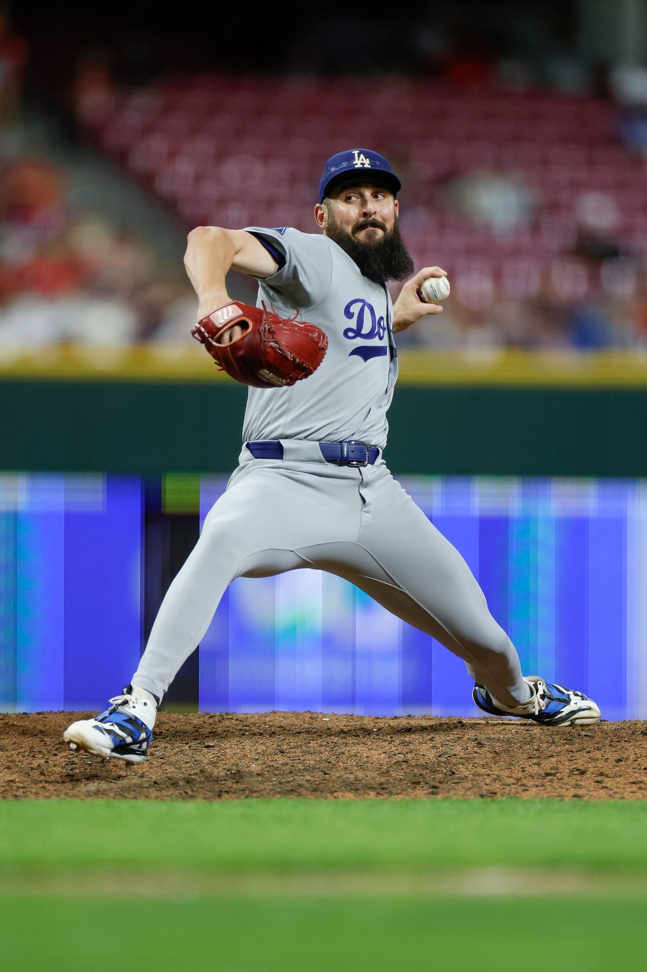 Alex Vesia pitches against the Reds at Great American Ball Park, 2026