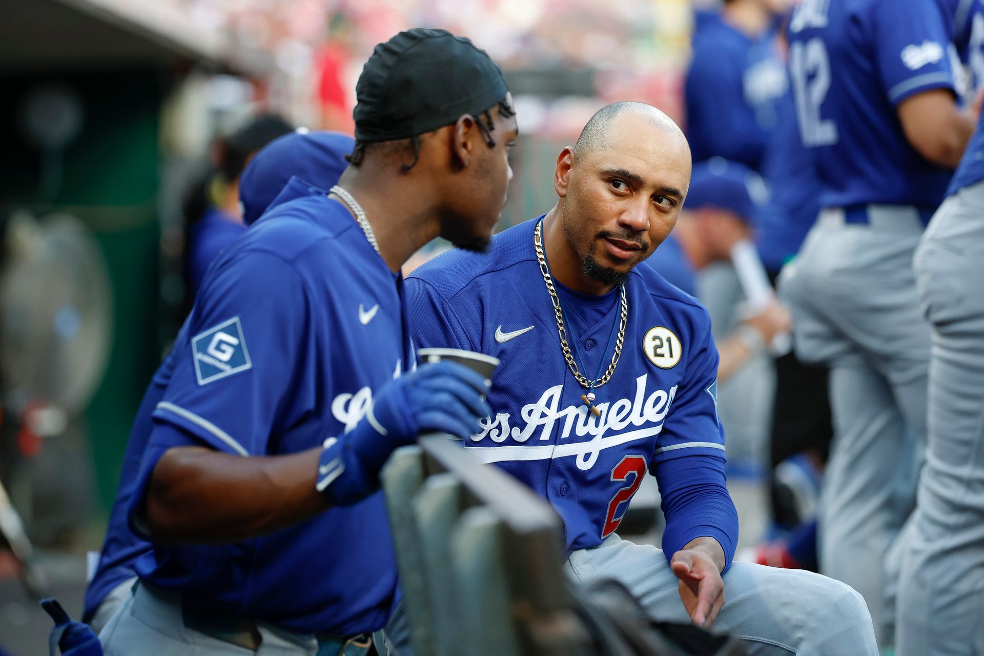 Mookie Betts and Josue De Paula chat in Dodgers' dugout, Sep 15, 2026