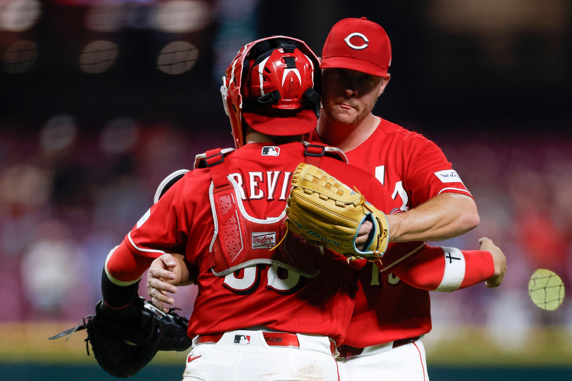Emilio Pagan celebrates Reds' victory at Great American Ball Park