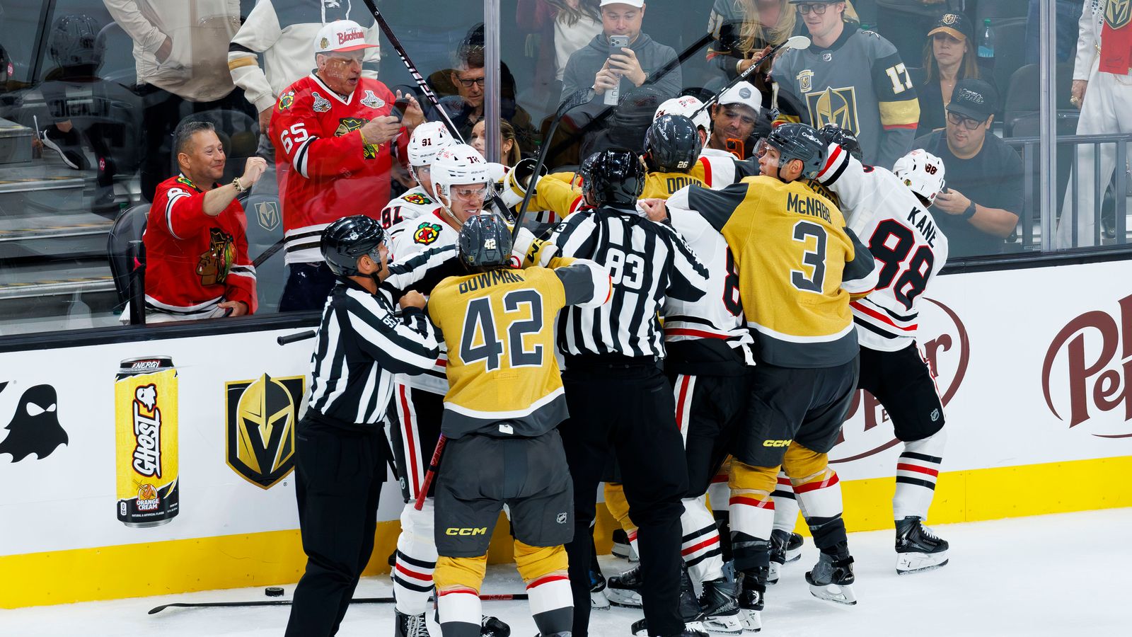 Vegas Golden Knights engage in a brawl.