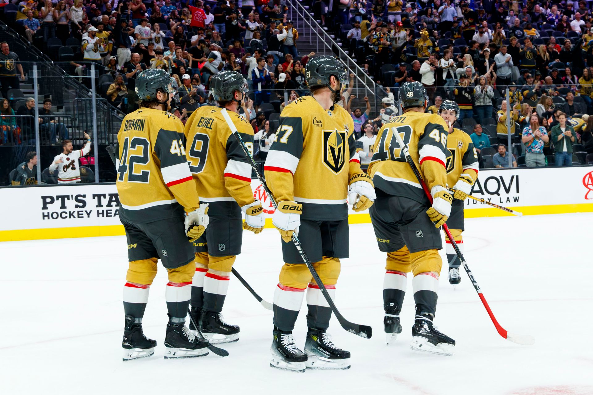 Golden Knights celebrate a goal against the Sharks