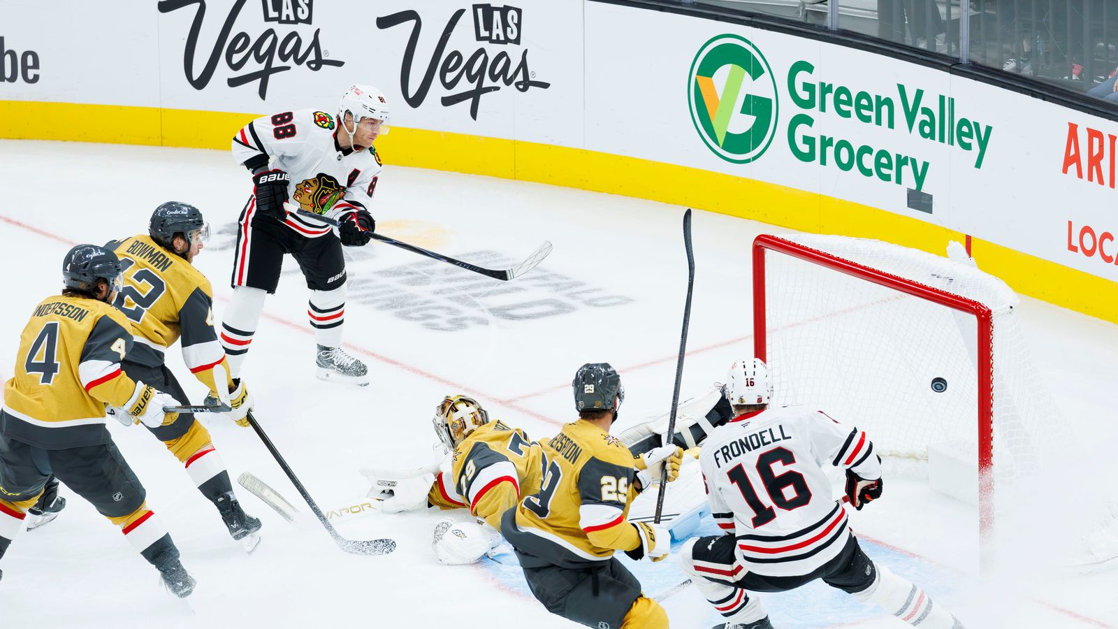 Patrick Kane scores against the Golden Knights.