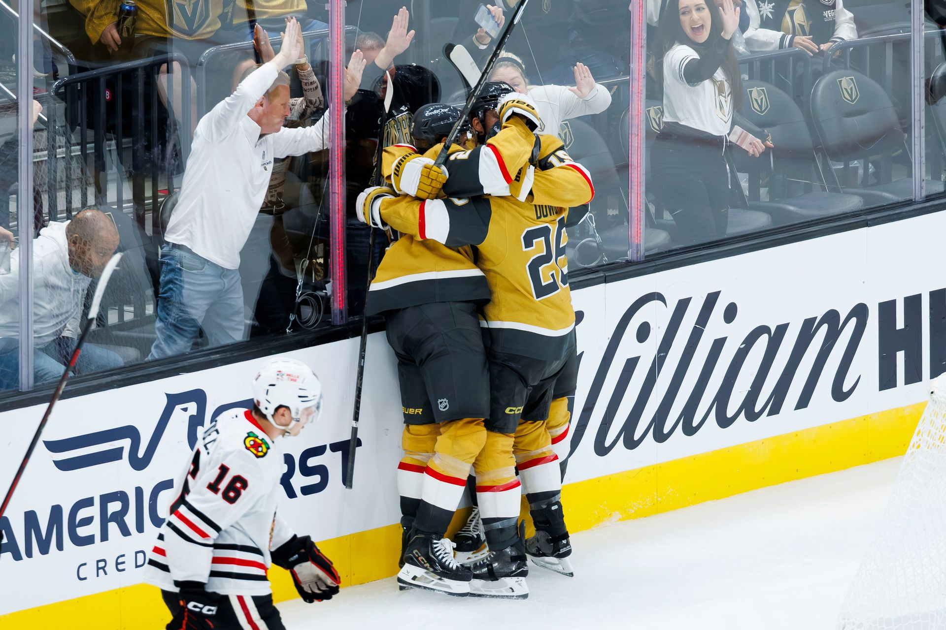 Noah Hanifin celebrates his first season goal.
