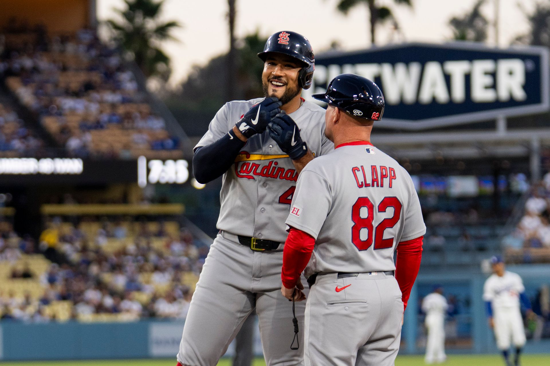 Ivan Herrera celebrates his hit for the Cardinals