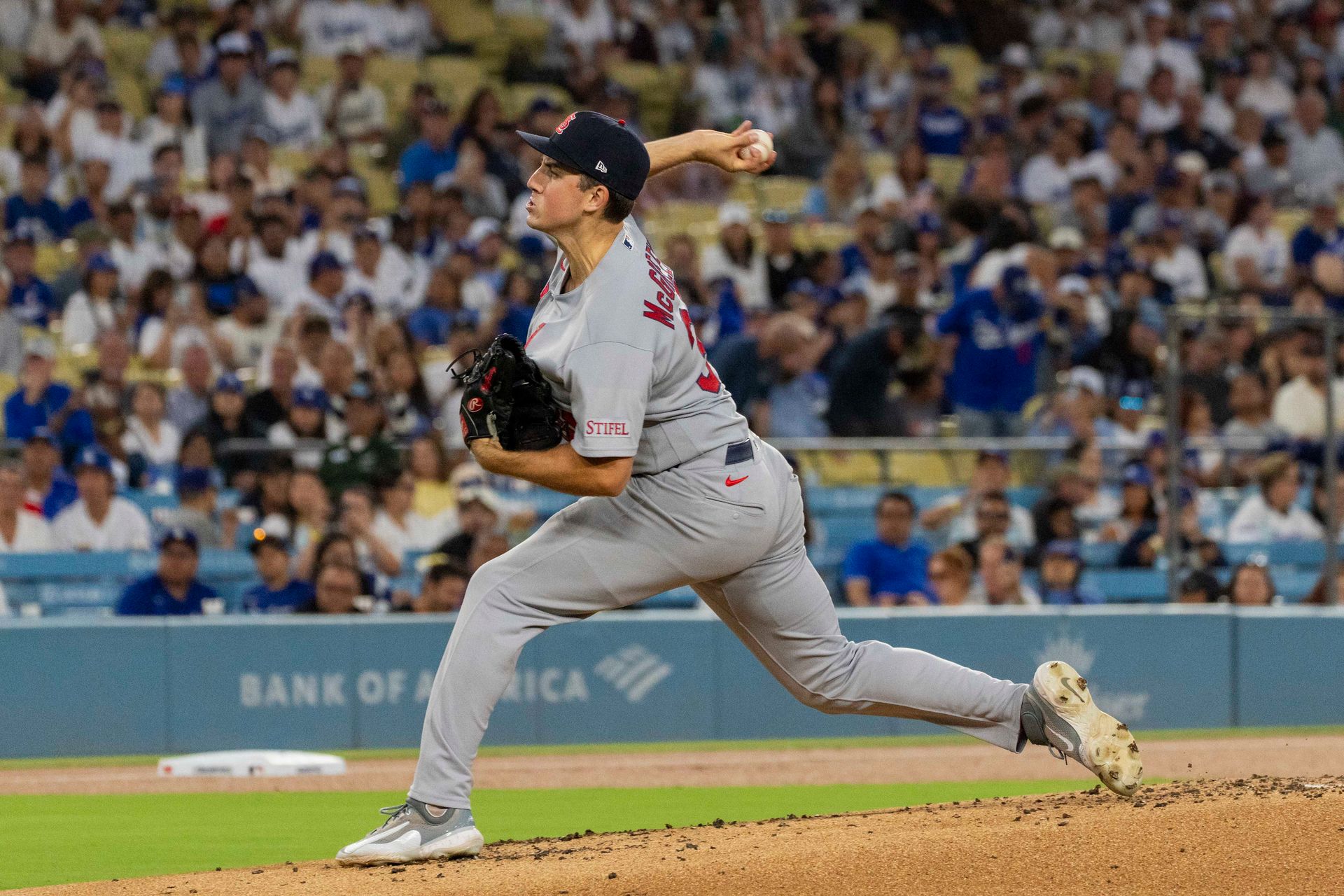 Michael McGreevy #36 of the St. Louis Cardinals throws a strike during an MLB baseball game against the Los Angeles Dodgers, Tuesday September 1st, 2026 in Los Angeles, California.