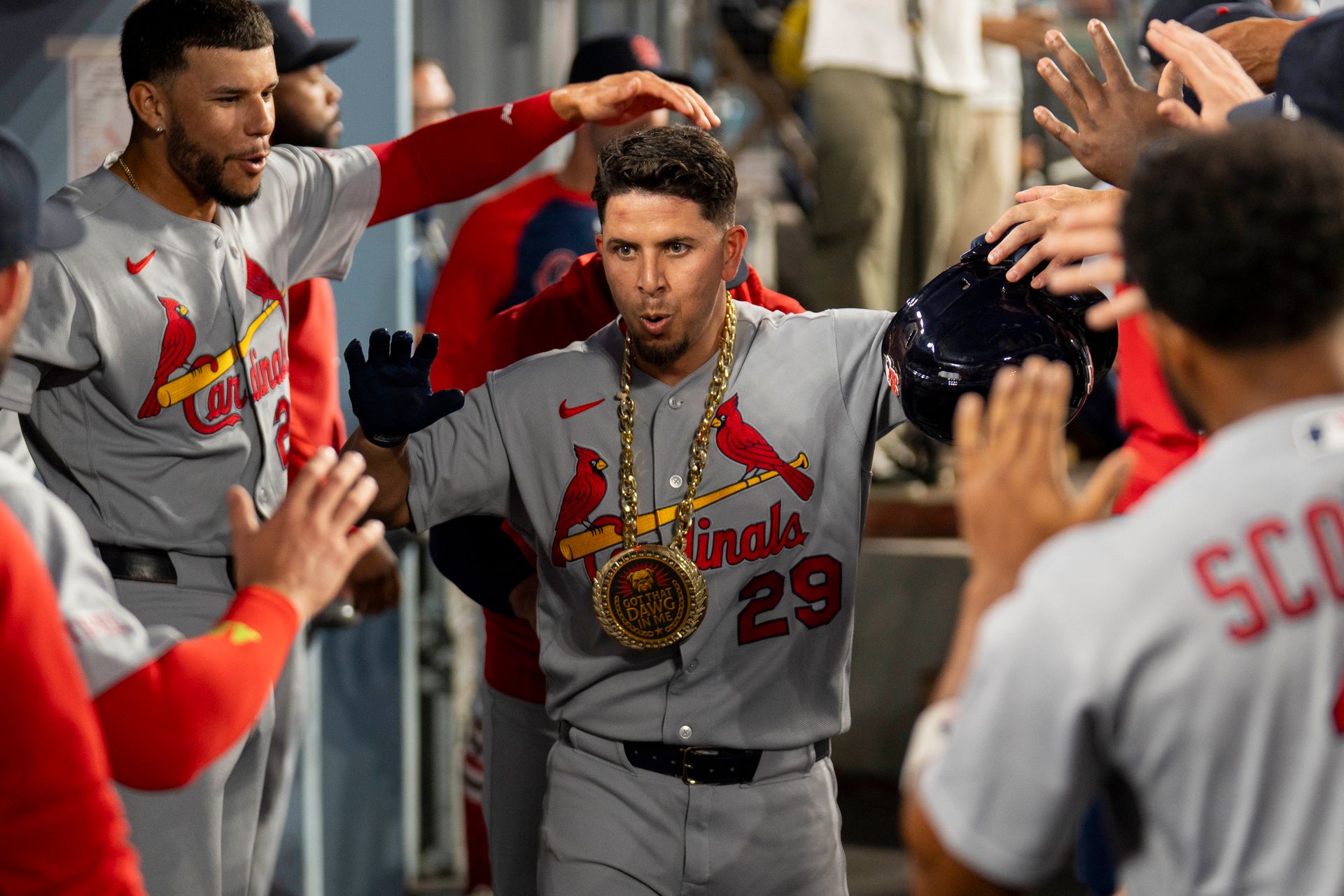 Ramon Urias celebrates his home run for the Cardinals