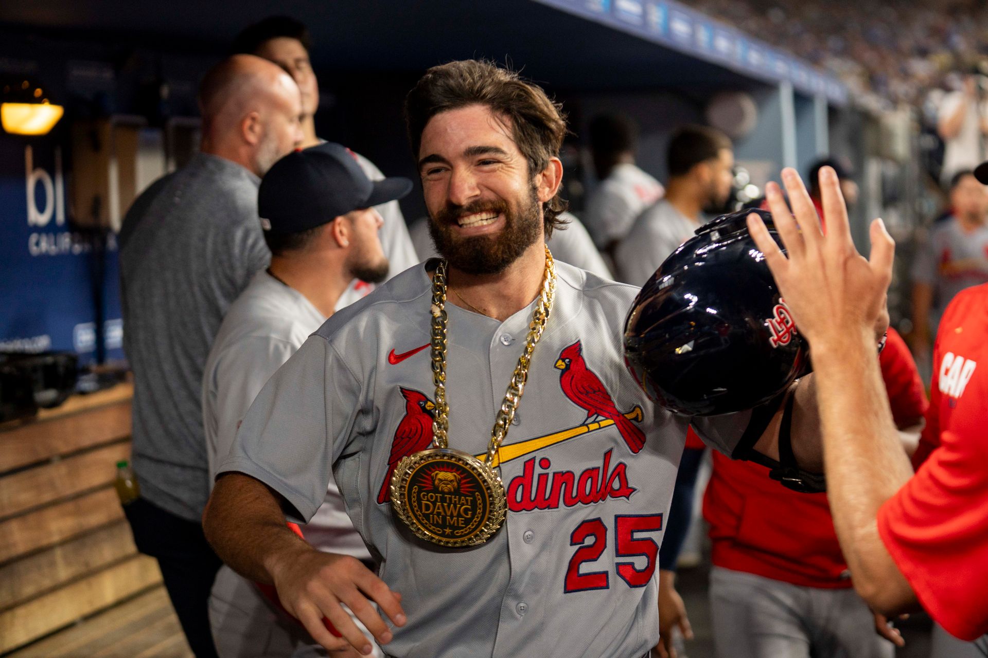 Thomas Saggese celebrates his home runs for the Cardinals