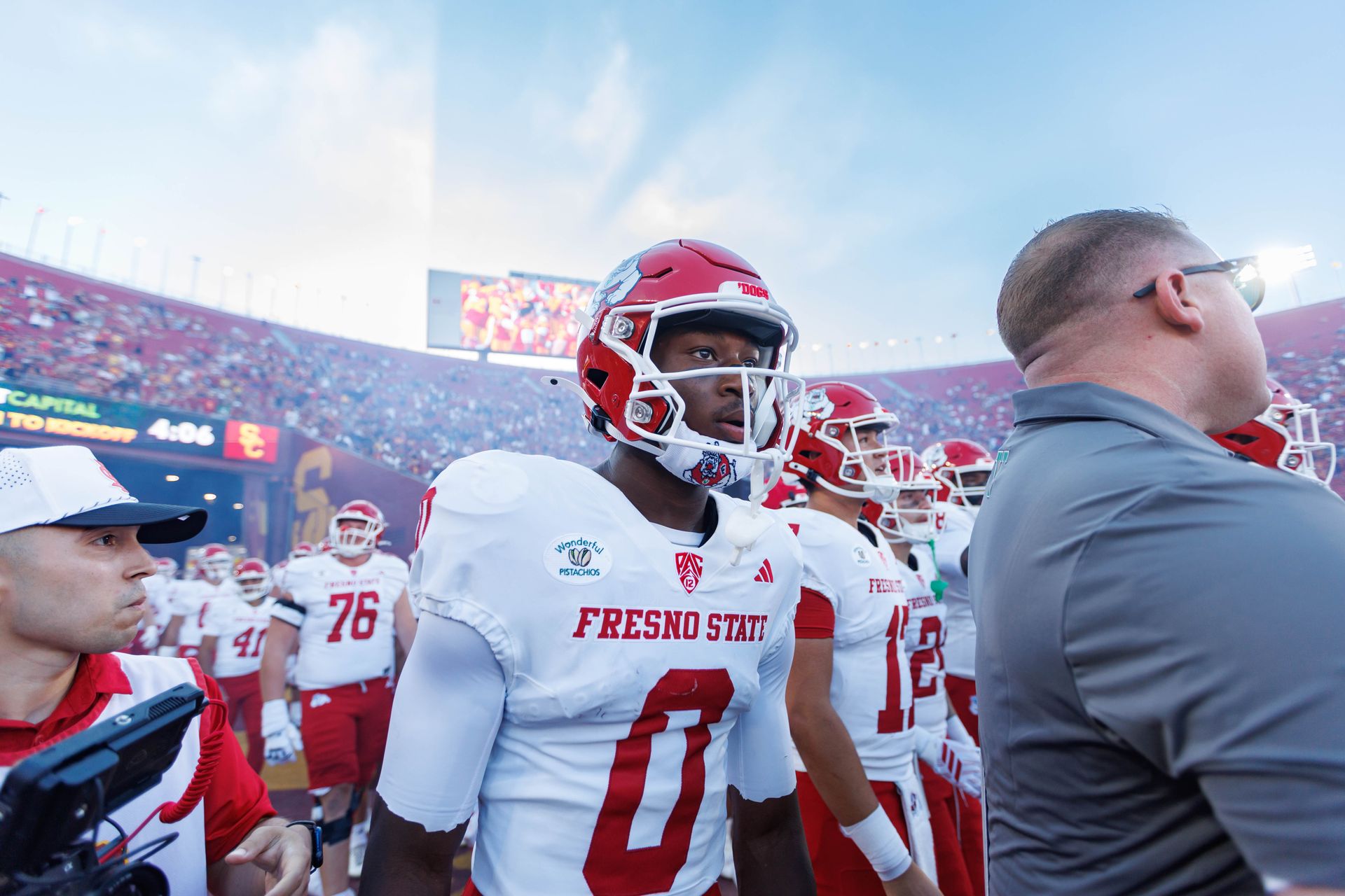 Deijon Laffitte emerges from the tunnel at Los Angeles Memorial Coliseum