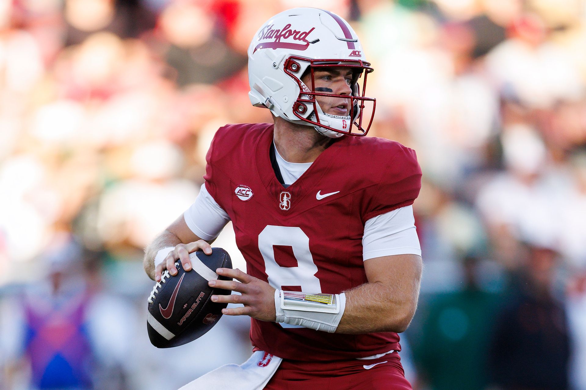 Davis Warren #8 drops back to pass vs. Miami