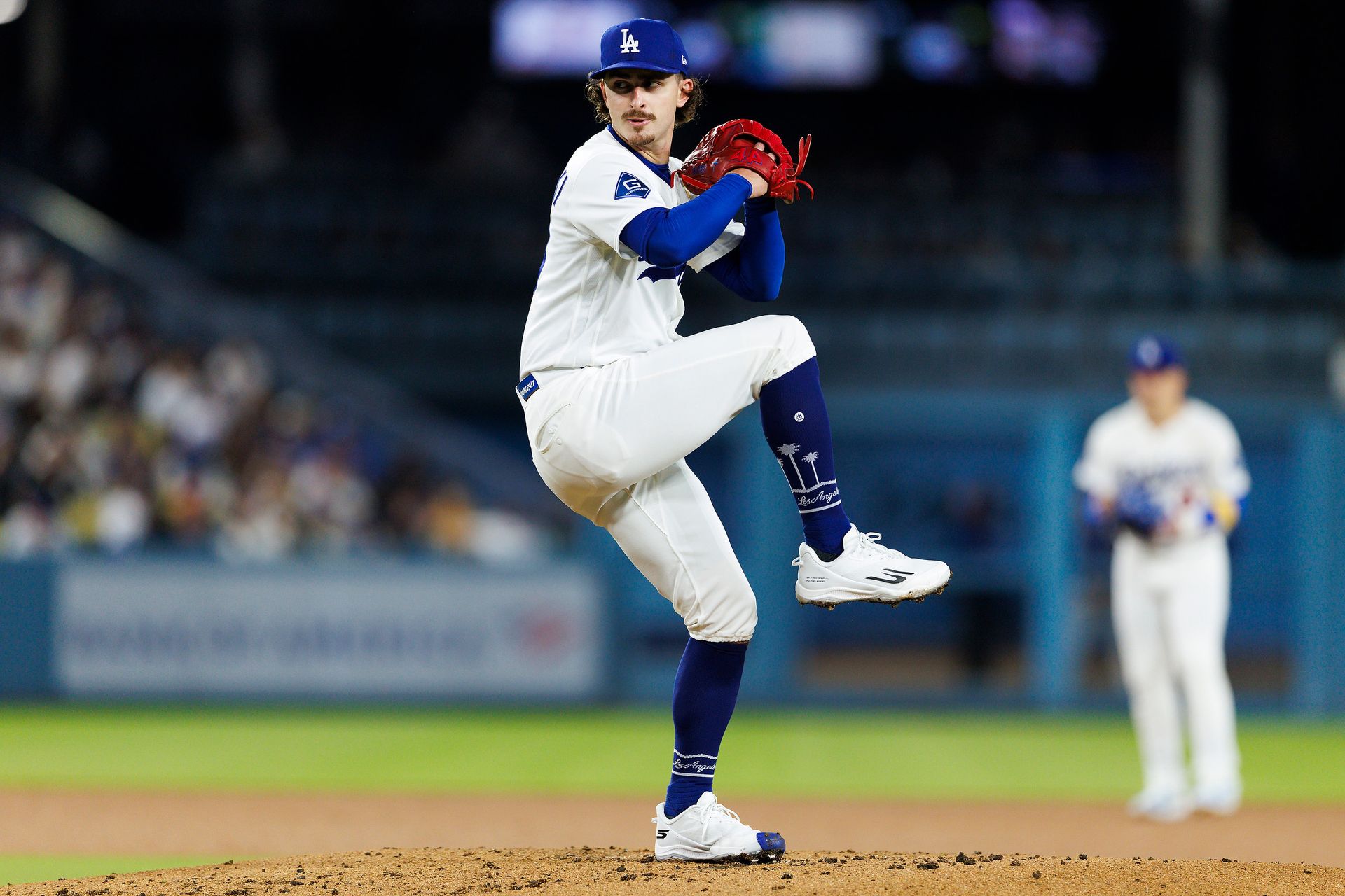 Justin Wrobleski pitches against the Nationals at Dodger Stadium