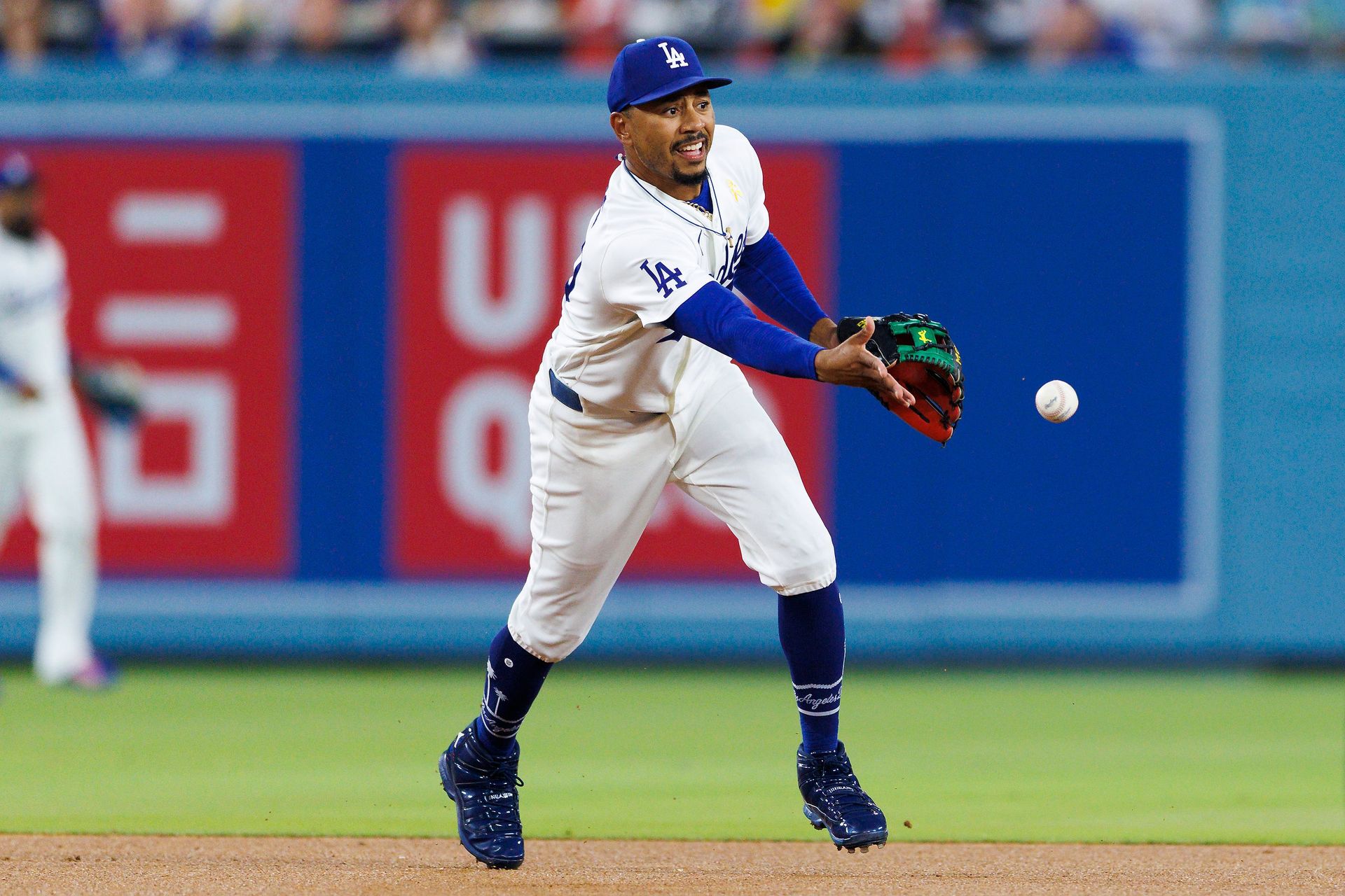Mookie Betts throws to second base in Dodgers game
