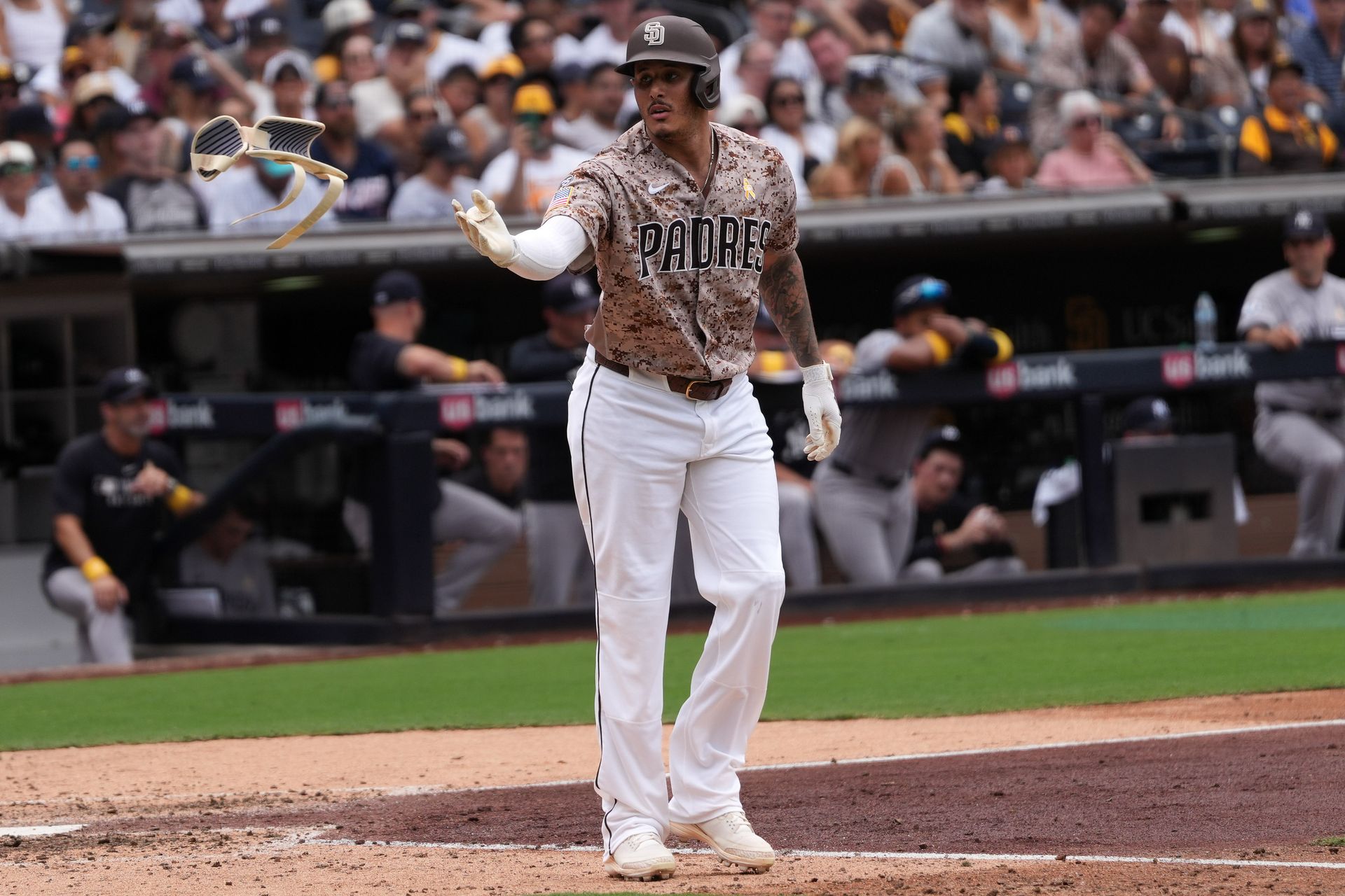 Manny Machado reacts after getting walked at Petco Park