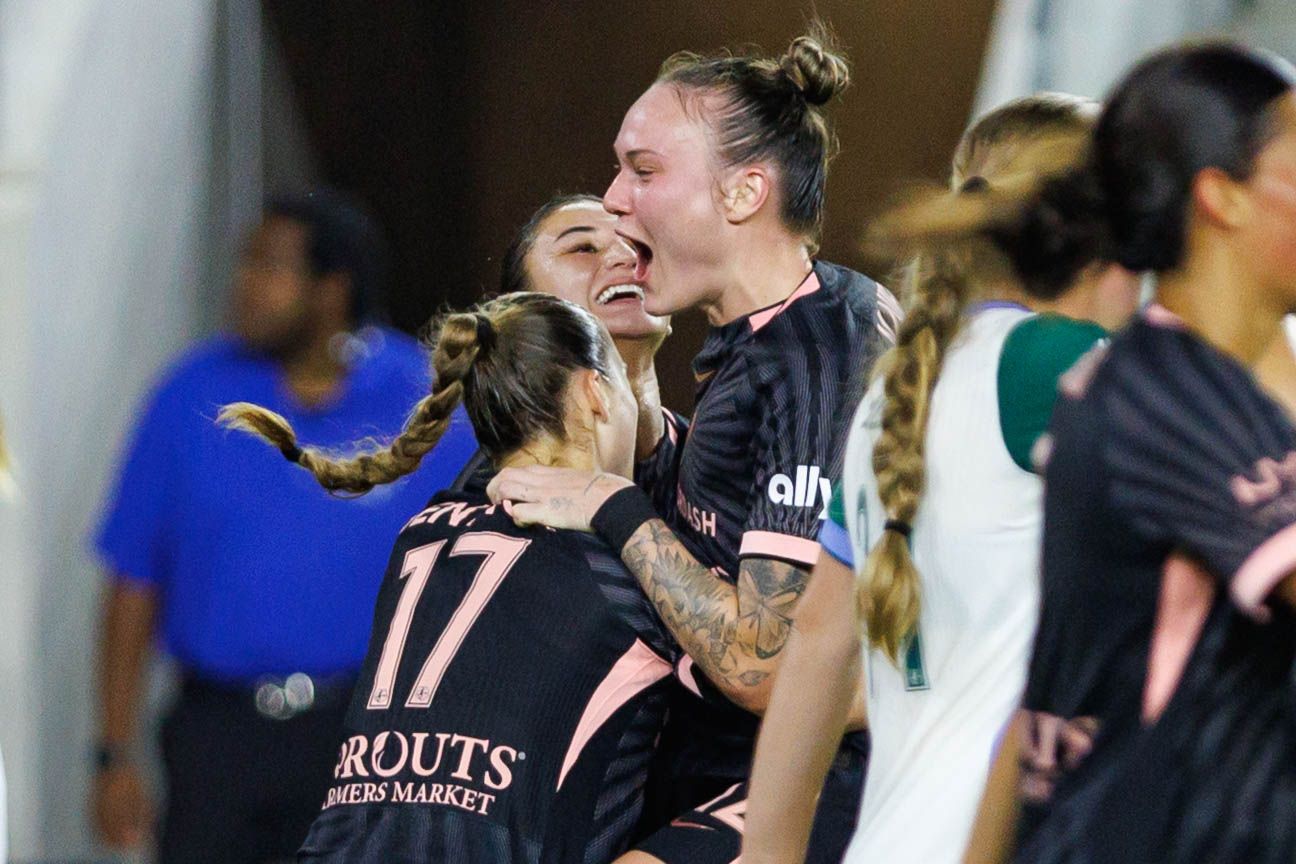 Maiara Niehues celebrates a goal for Angel City FC in NWSL game