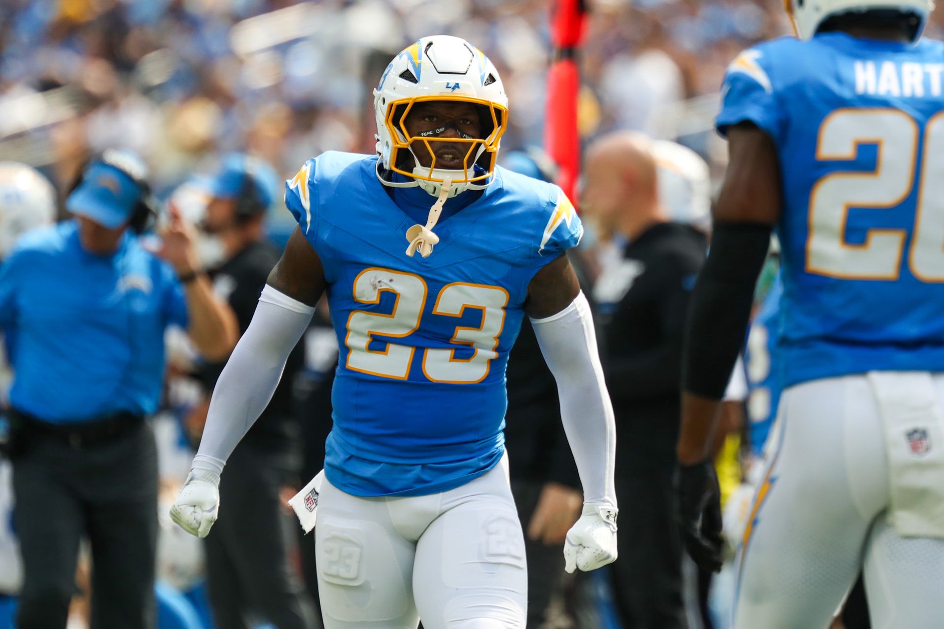 Tony Jefferson celebrates a defensive stop for the Chargers