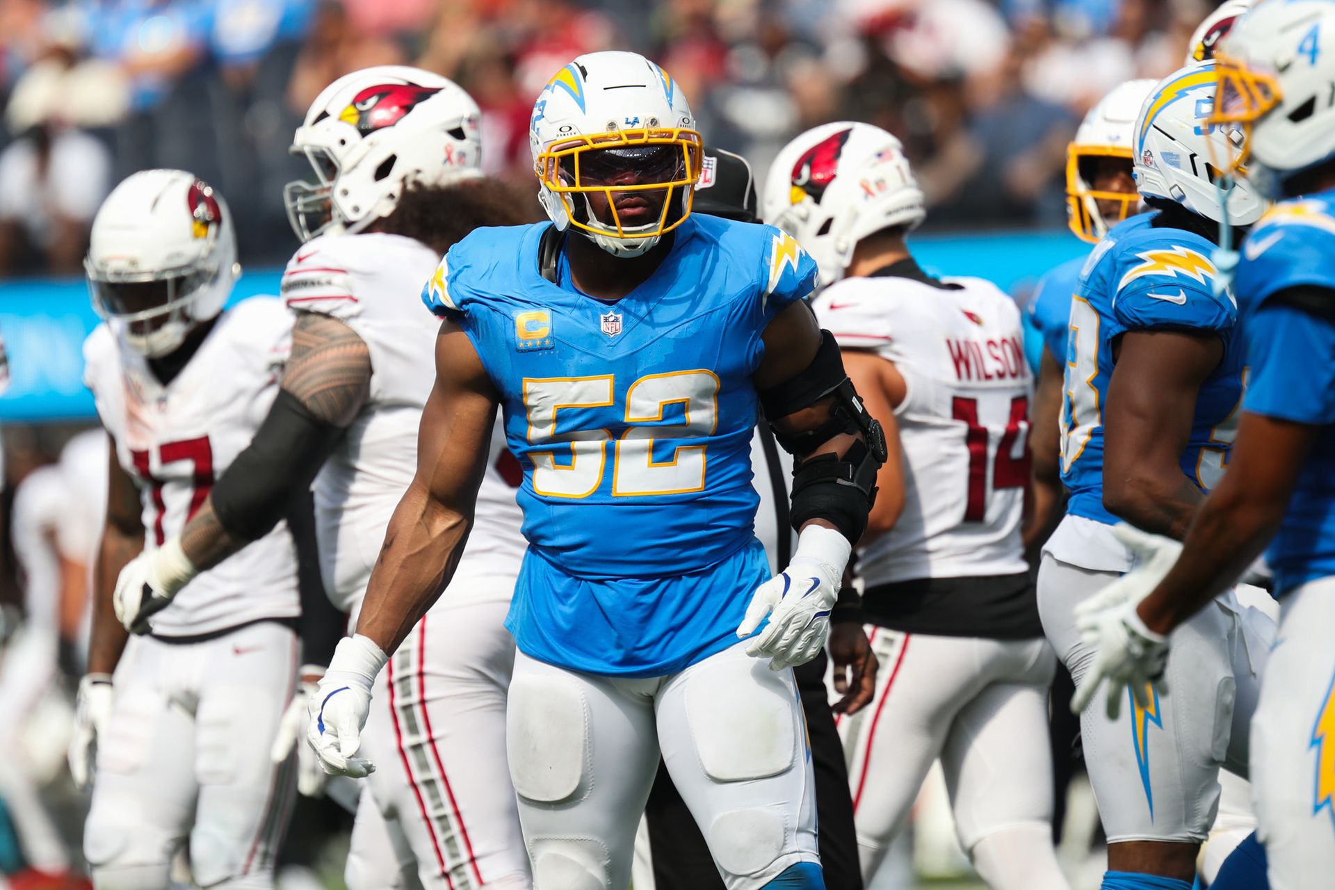 Khalil Mack looks on during the Chargers-Cardinals game