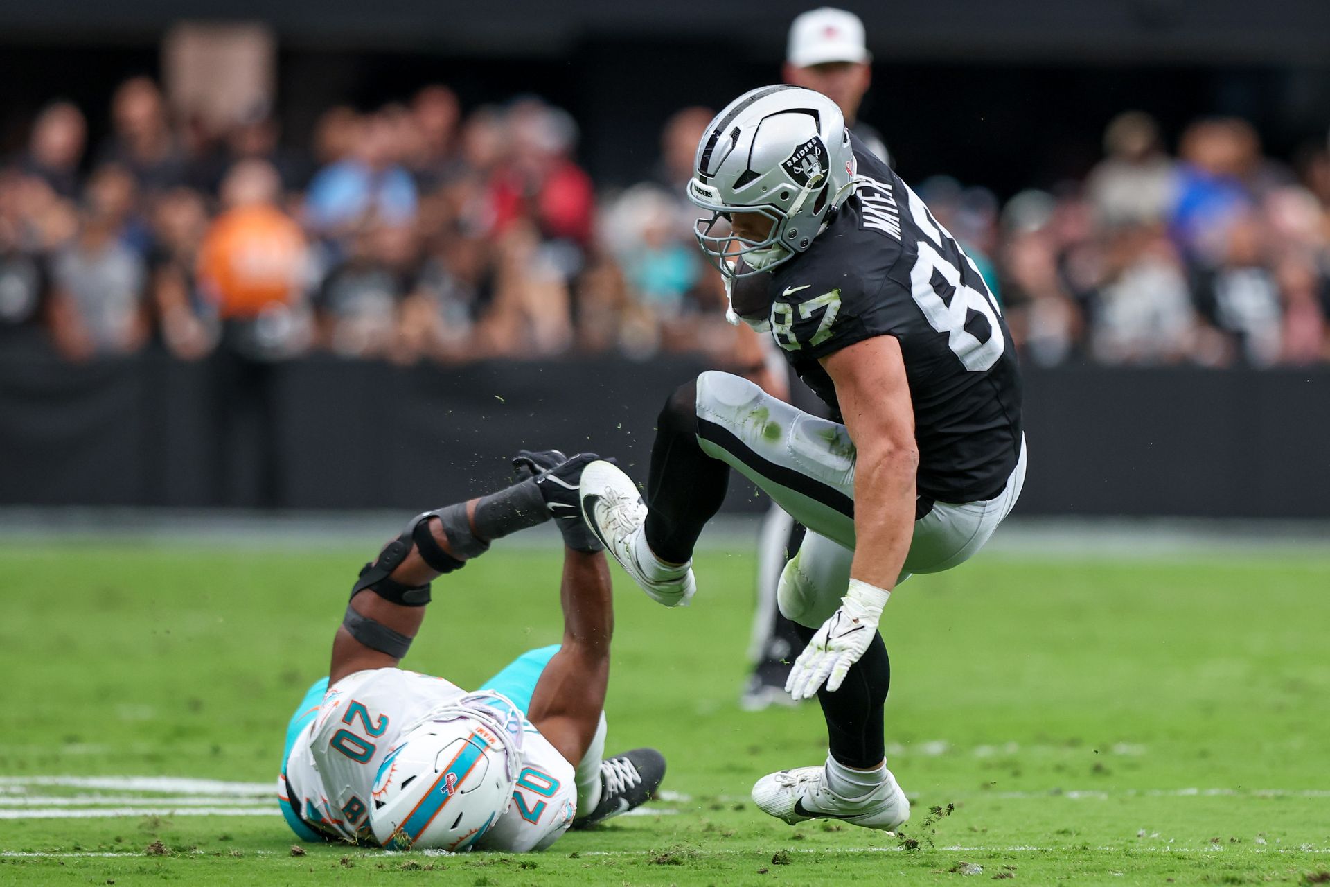 Michael Mayer catches the ball in the Raiders vs. Dolphins game