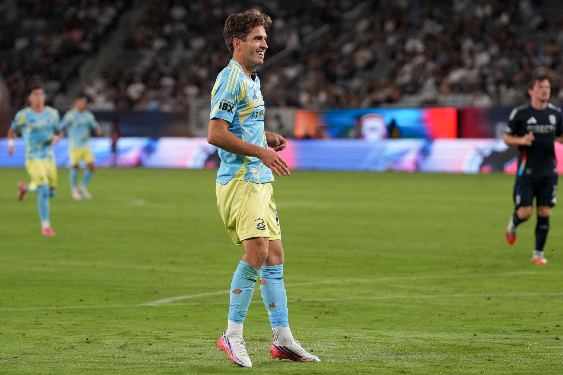Milan Iloski smiles after a shot against San Diego FC