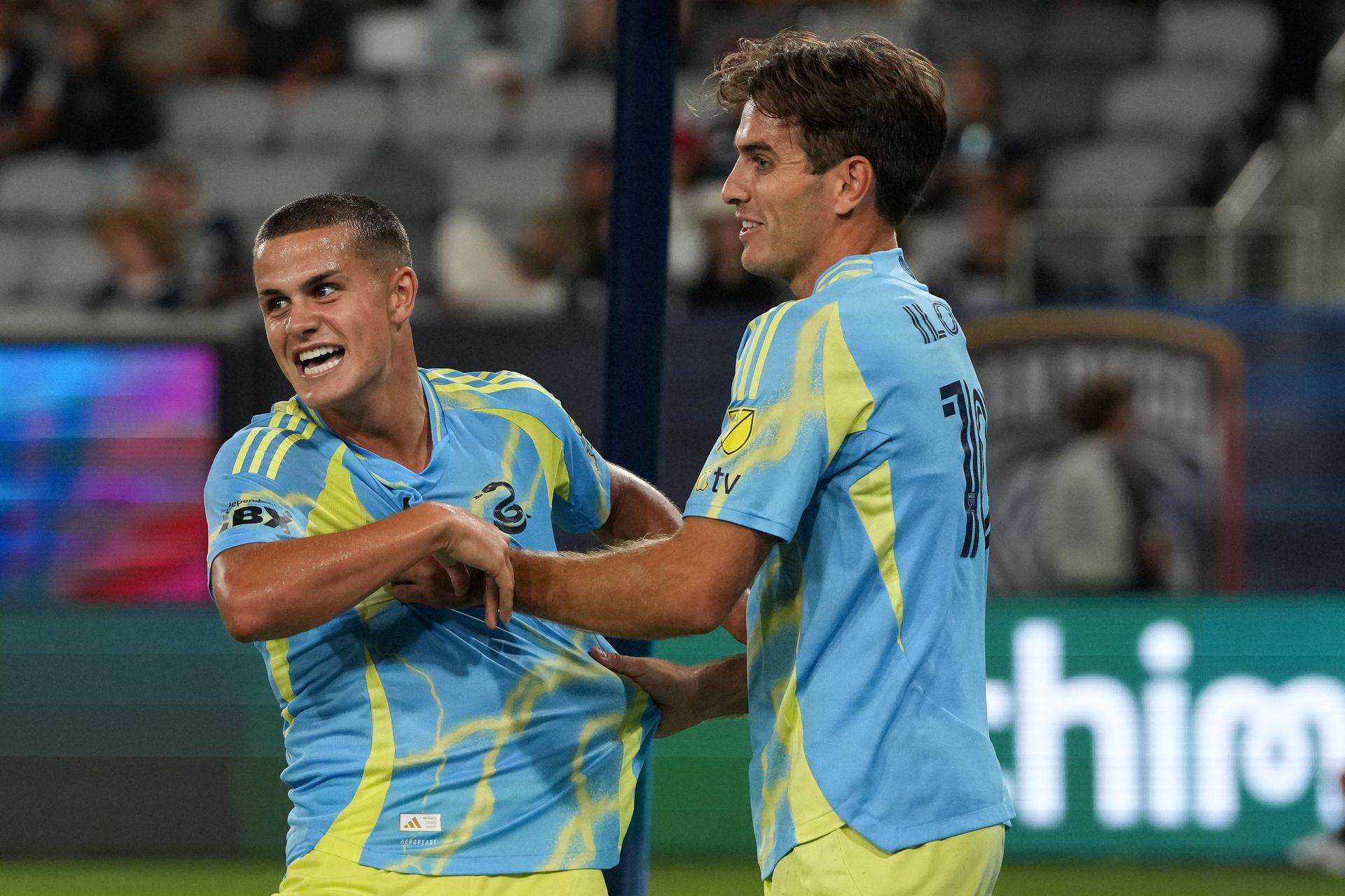 Cavan Sullivan and Milan Iloski celebrate a goal against San Diego FC
