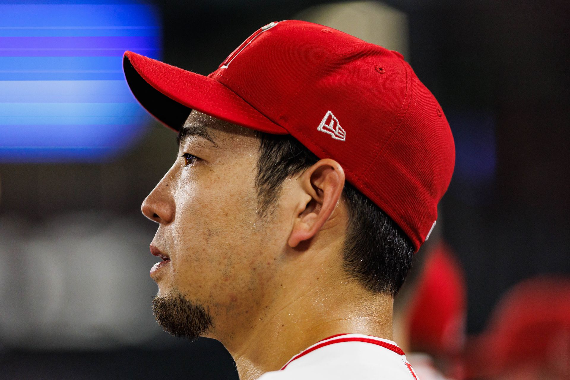 Yusei Kikuchi #16 looks on during a challenging game against the Mariners.