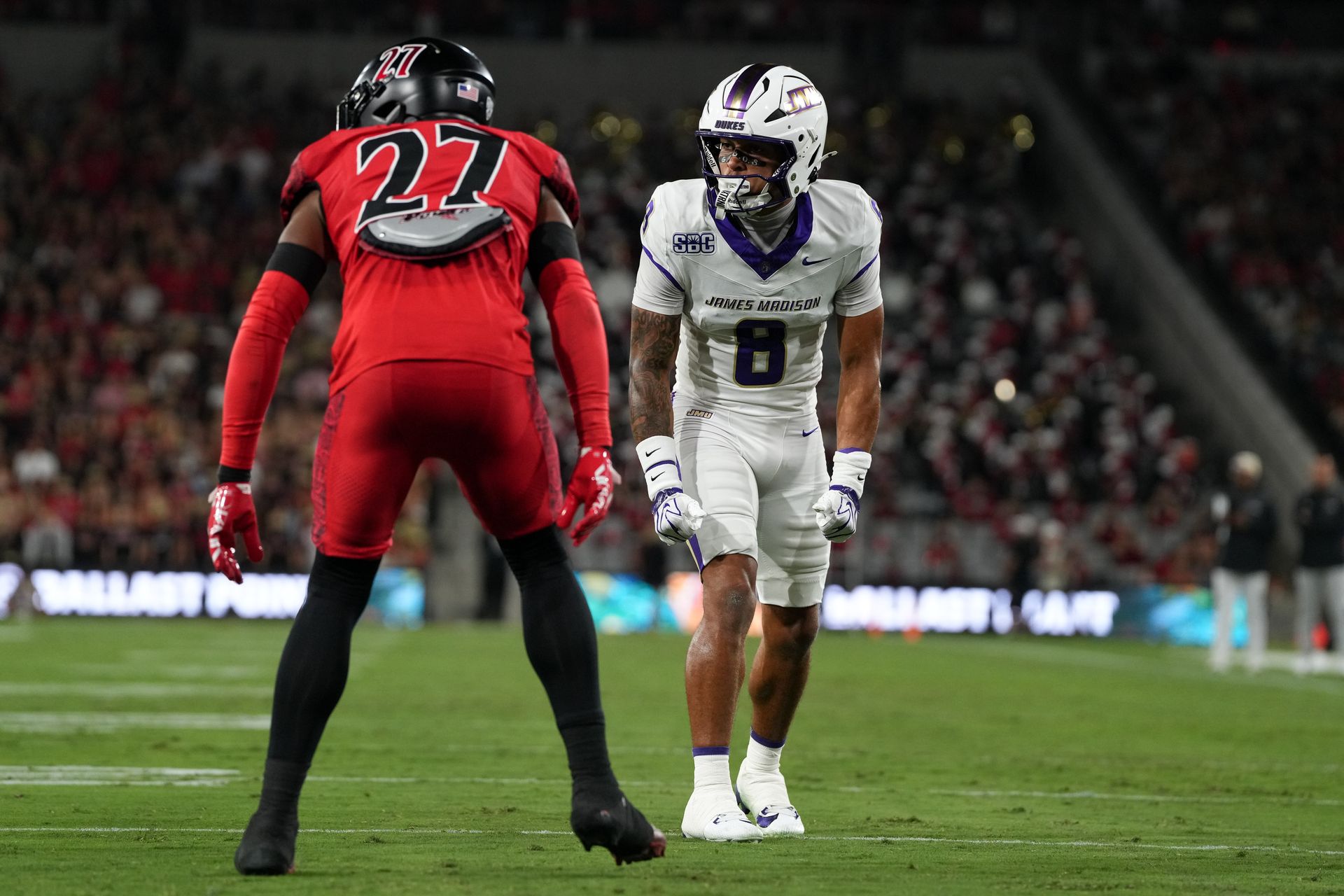 JMU's Jeremiah Harrison ready for the play against SDSU