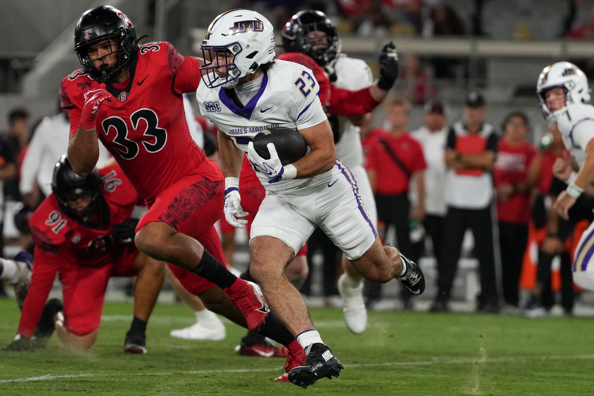 JMU's Nick Herman advances against SDSU