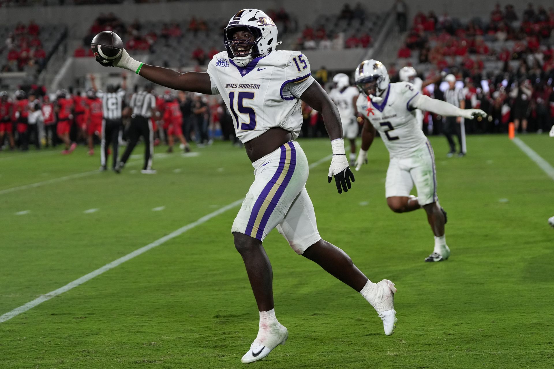 JMU's JT Hooten celebrates an interception against SDSU