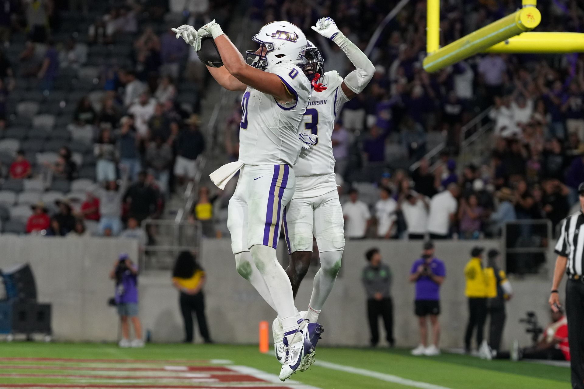 JMU's Cole Keller celebrates a touchdown against SDSU
