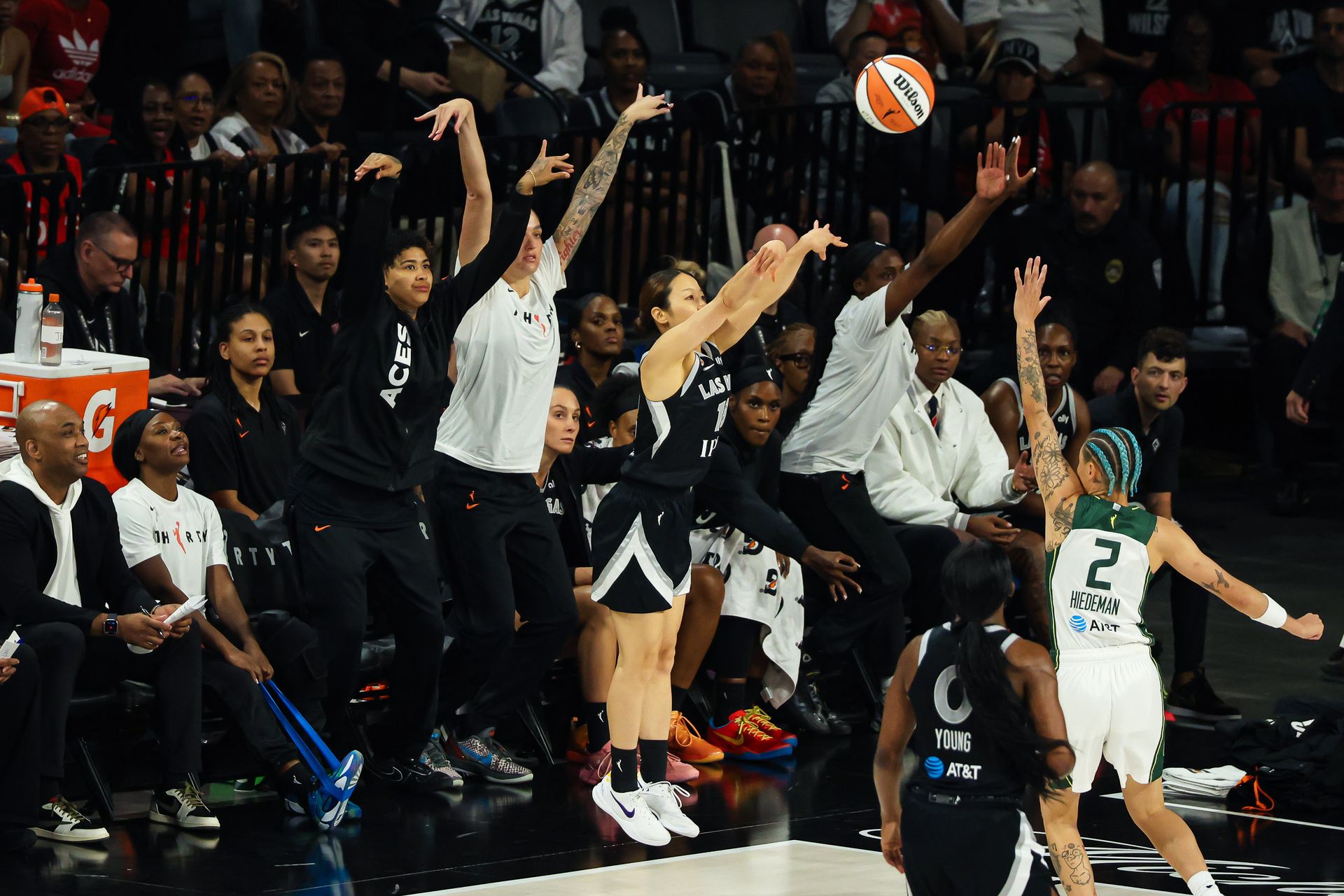 Mai Yamamoto hits a three-pointer in the WNBA game against Seattle Storm