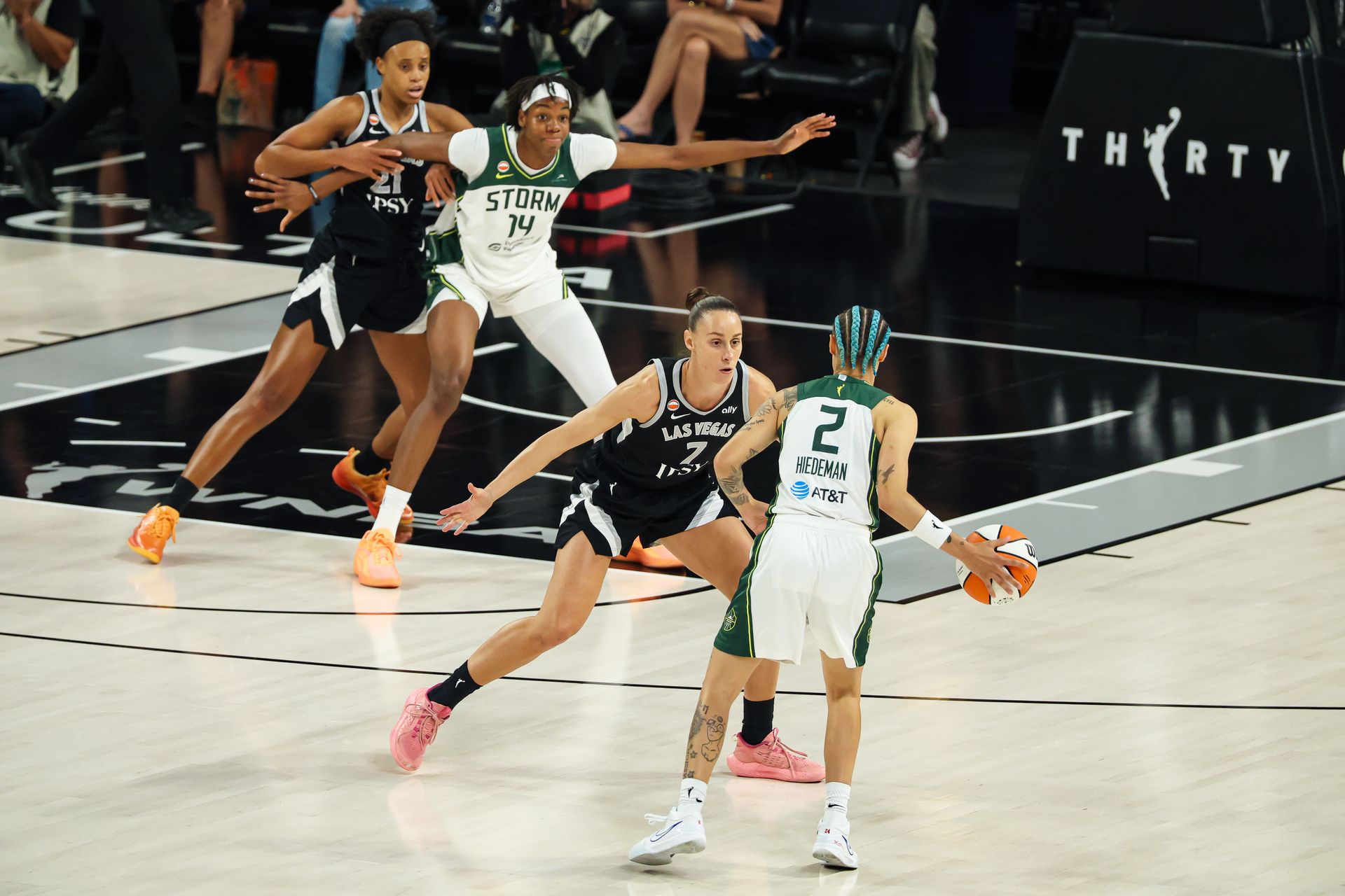 Stephanie Talbot in defensive action against Natisha Hiedeman