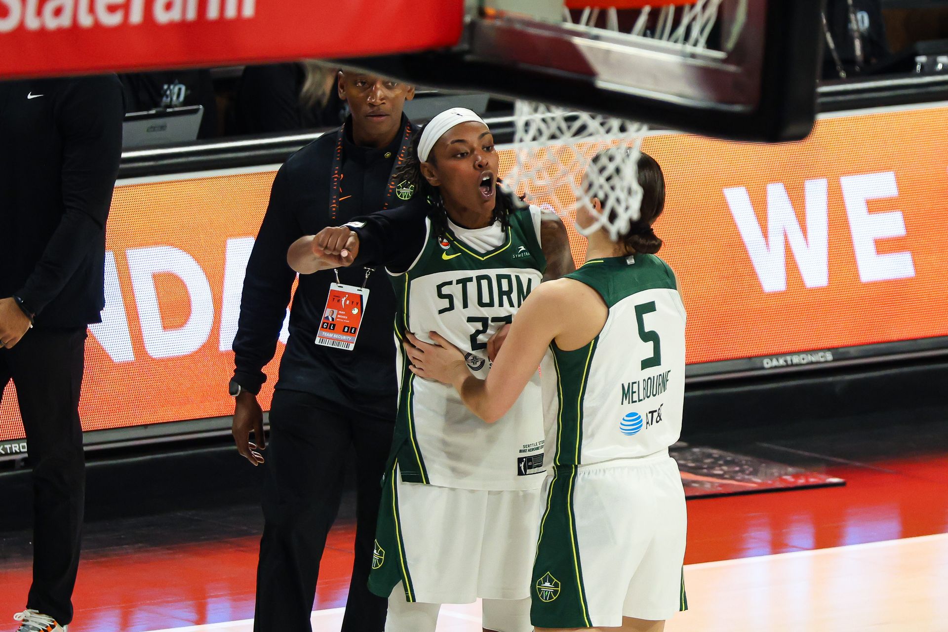 Jordan Horston reacts to a technical foul in the game against Las Vegas Aces