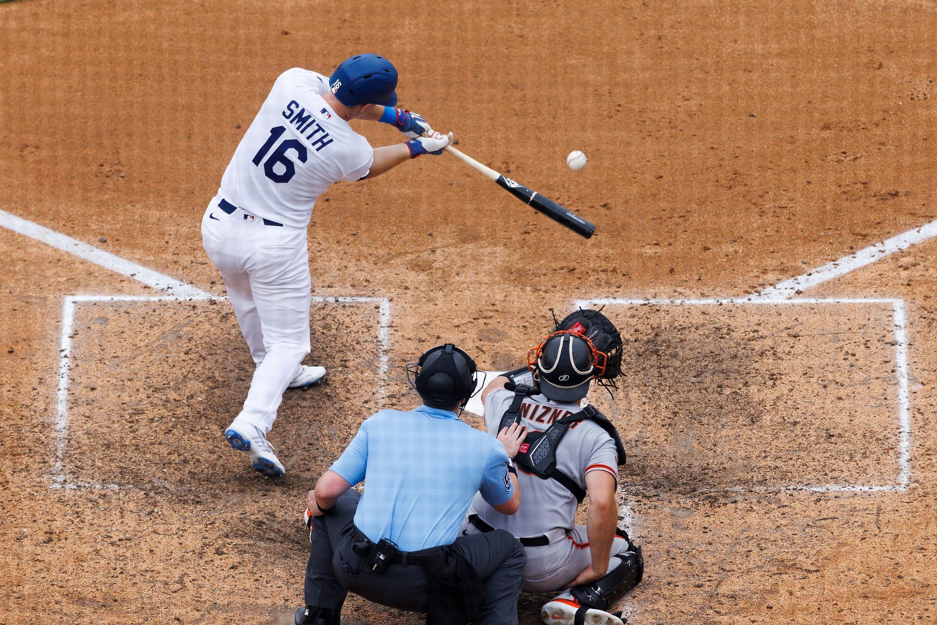 Will Smith #16 Hits During Dodgers vs Giants Game