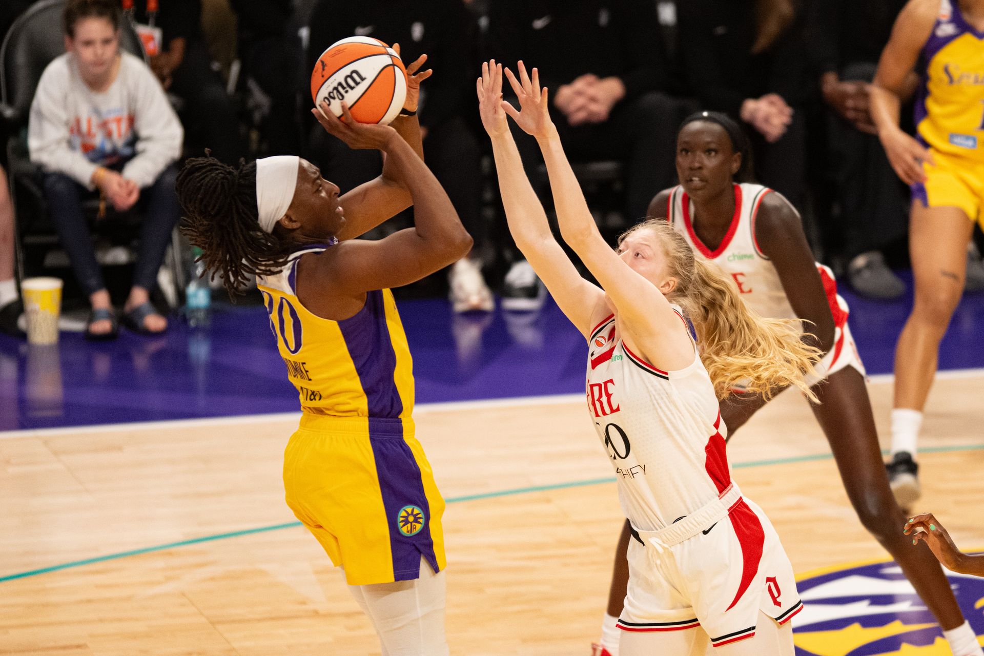 Nneka Ogwumike takes a jumper in WNBA action.