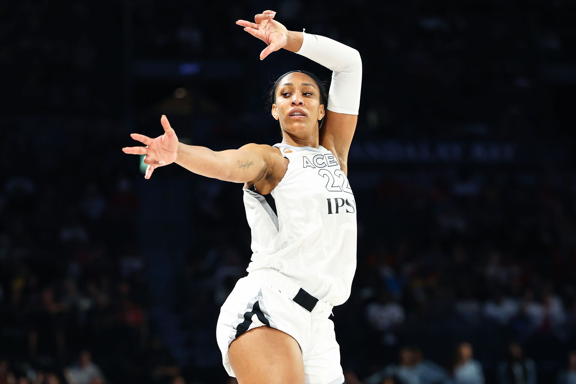 A'ja Wilson celebrates a three-pointer against the Sparks