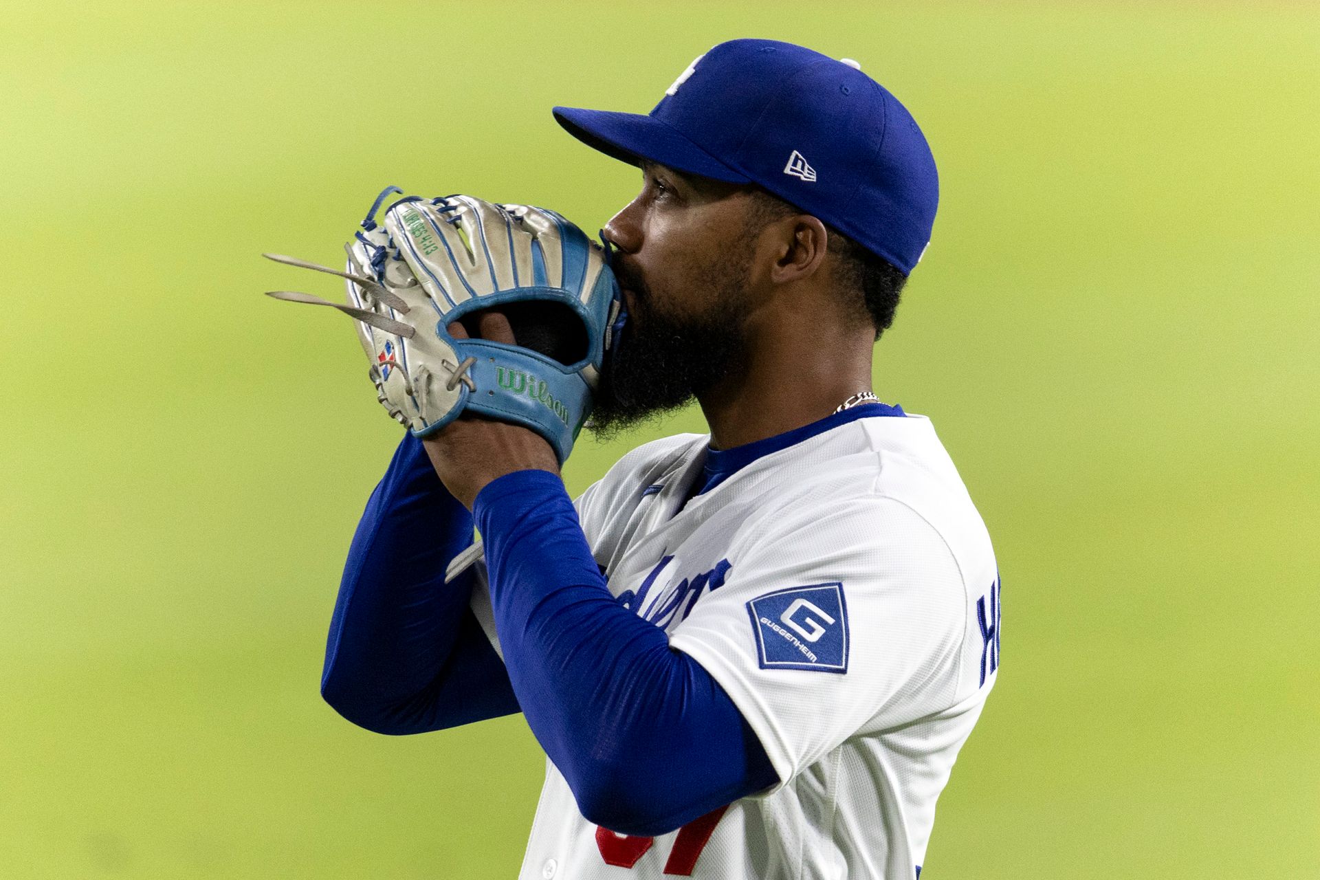Teoscar Hernandez (37) in outfield during Dodgers vs. Padres game.