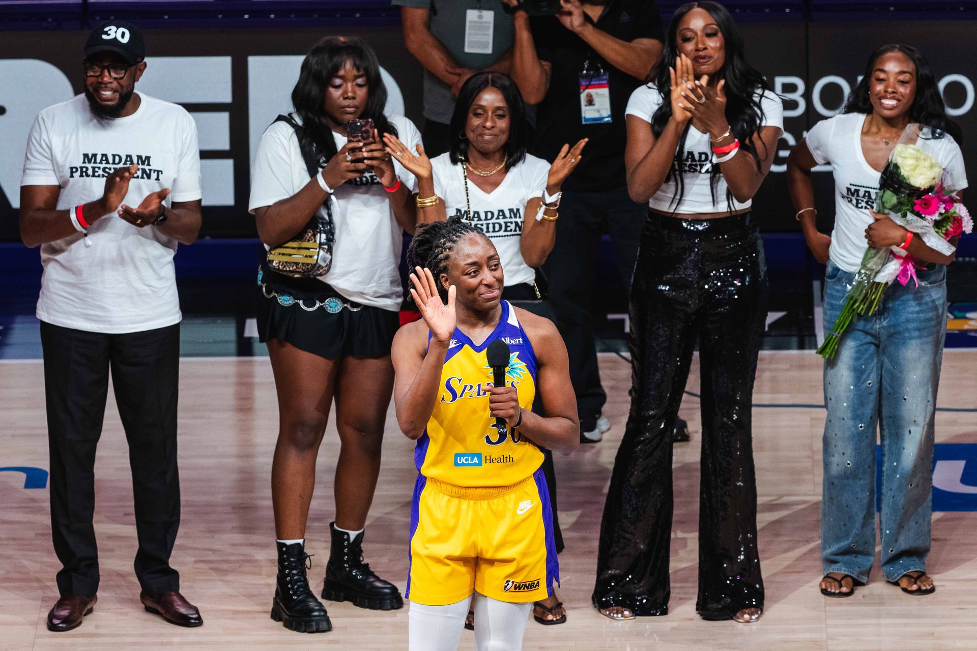 Nneka Ogwumike's farewell speech at a WNBA game