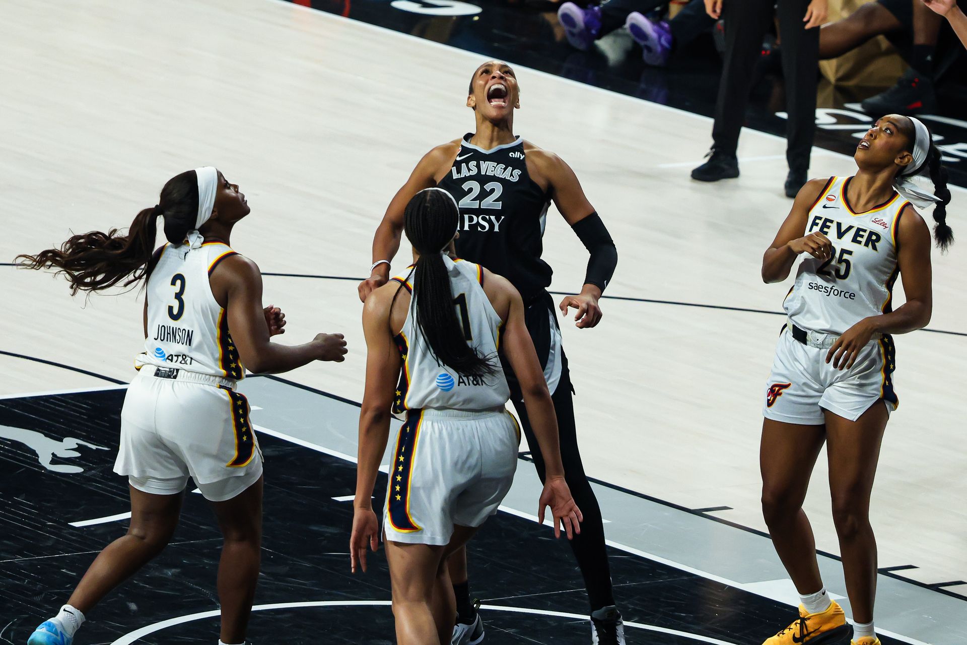 A'ja Wilson reacts to a successful basket in the WNBA Playoffs