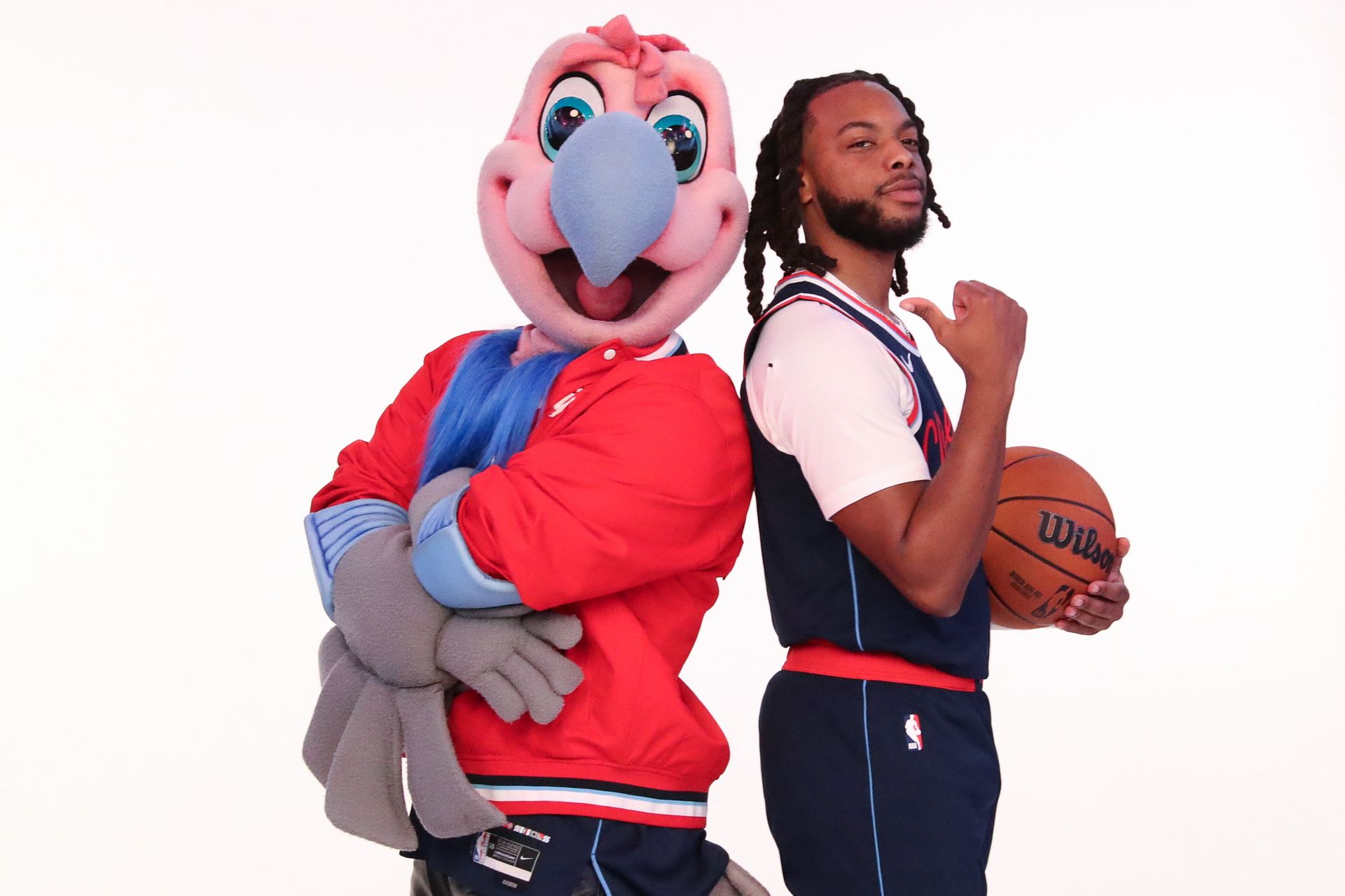 Darius Garland with mascot Chuck at Media Day 2026