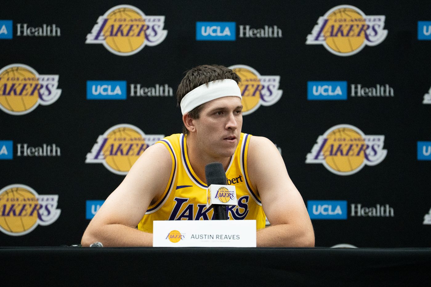 Austin Reaves at Lakers Media Day, fielding questions