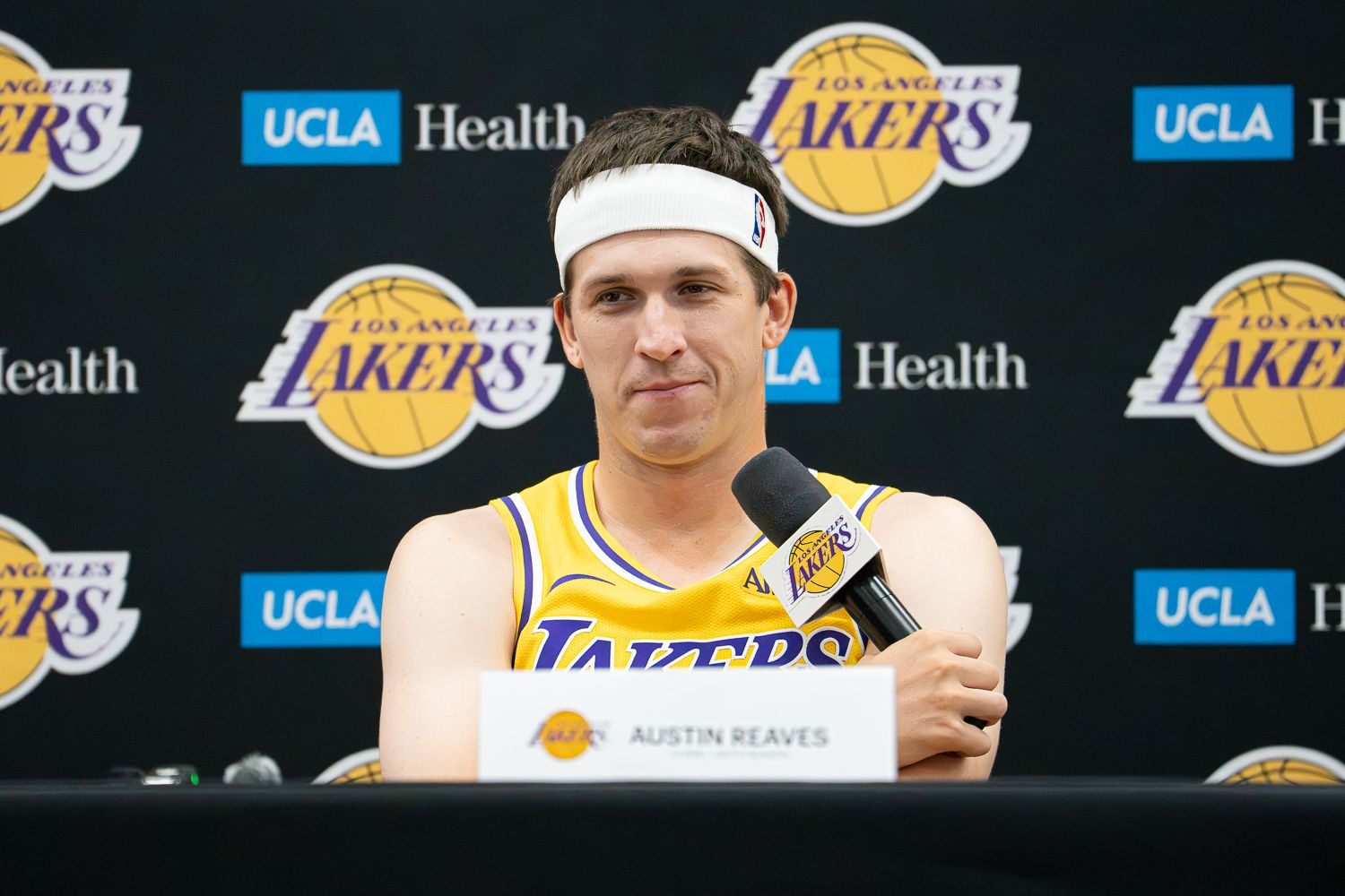 Austin Reaves answers media questions at Lakers Media Day 2026