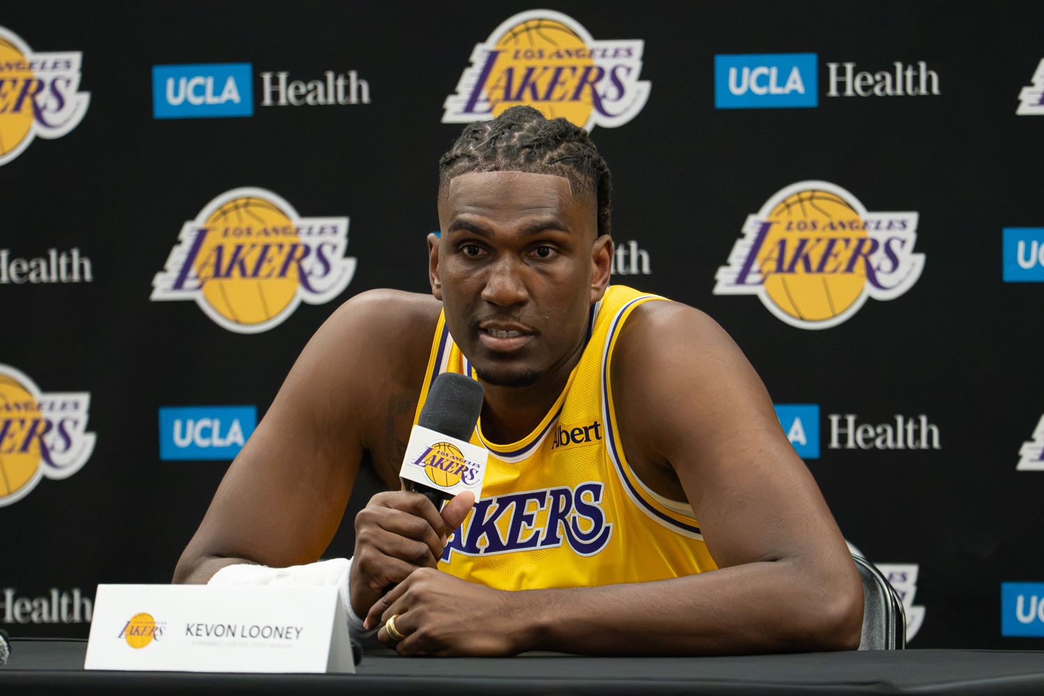 Kevon Looney at Lakers Media Day answering press questions