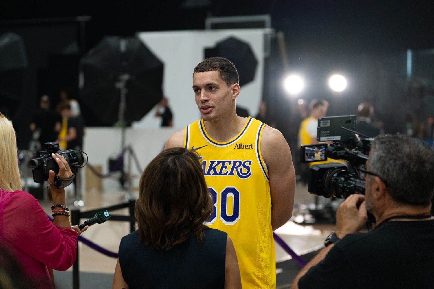 Chris Manon responds to media during Lakers Media Day