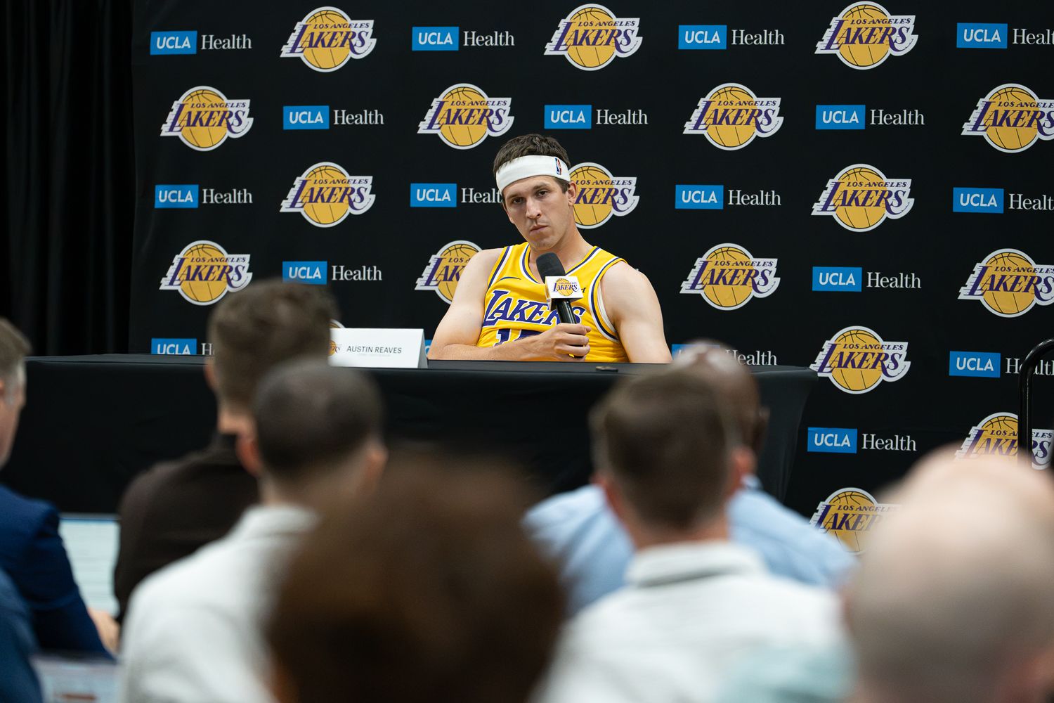 Austin Reaves at Lakers Media Day, answering media queries