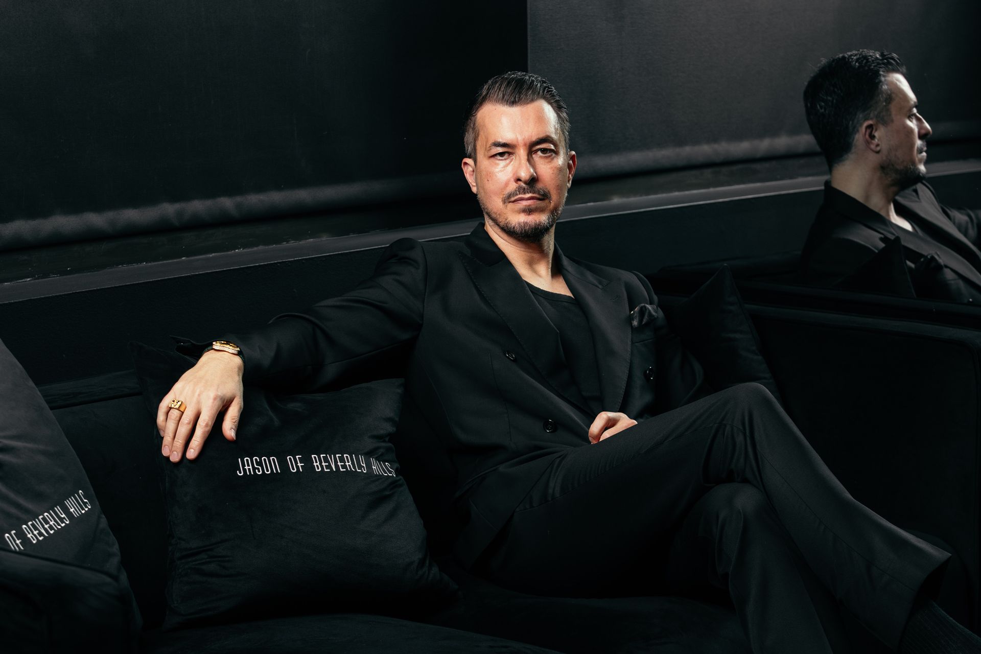 Jason Arasheben with Branded Pillows at Beverly Hills
