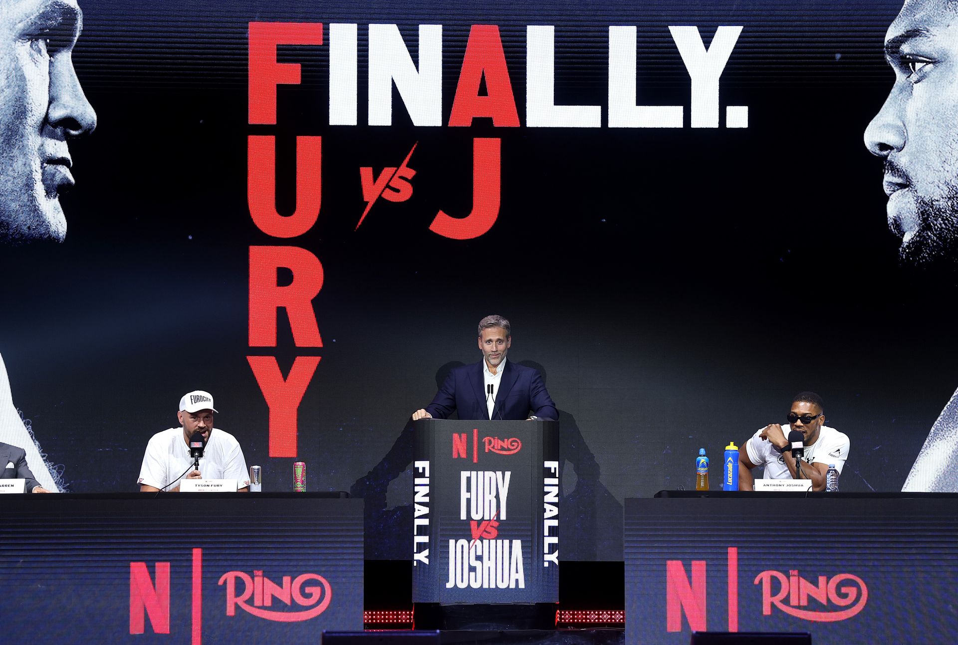 Fury and Joshua with Max Kellerman at the London press event.
