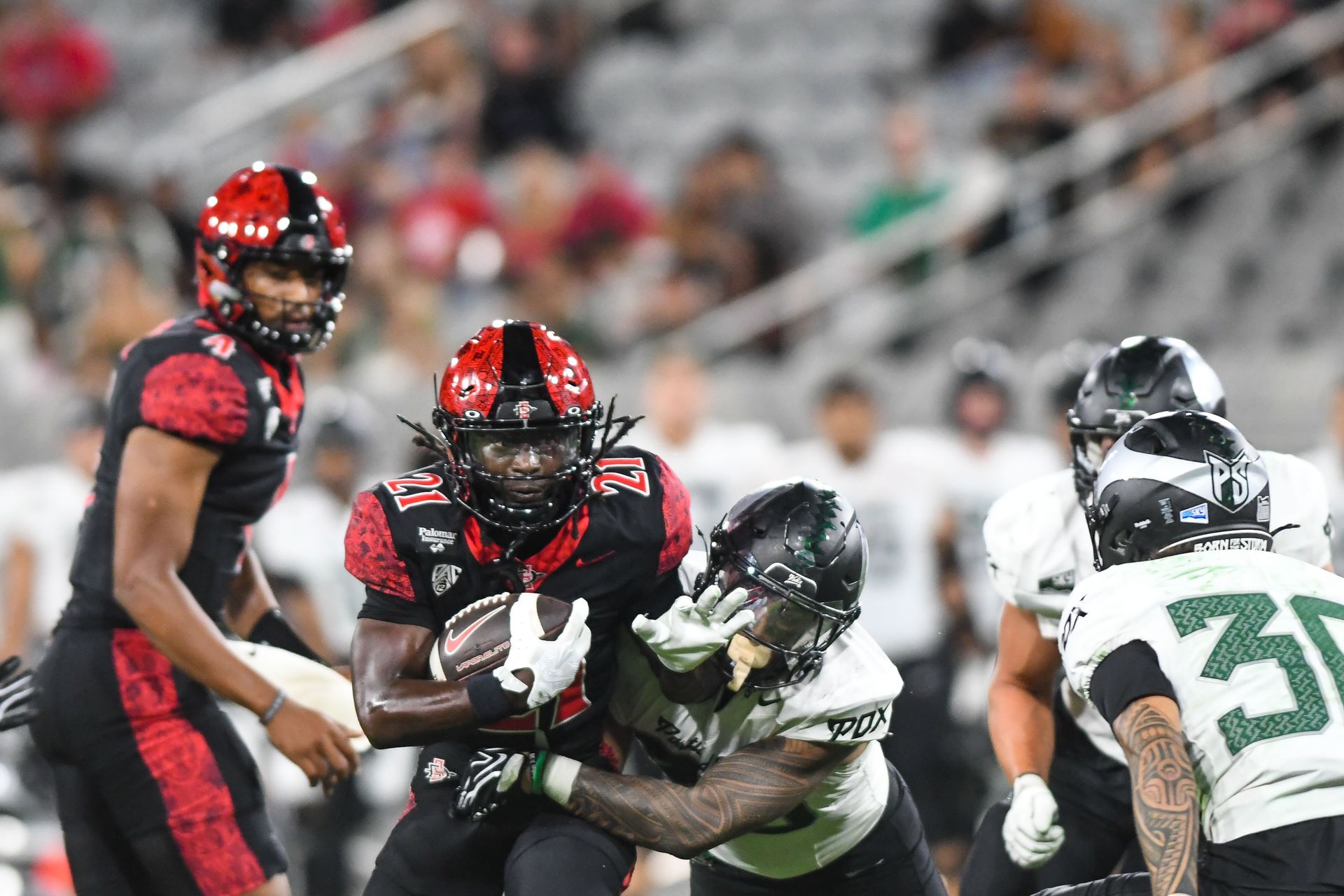 Javion Kinnard advances the ball for SDSU against Portland State