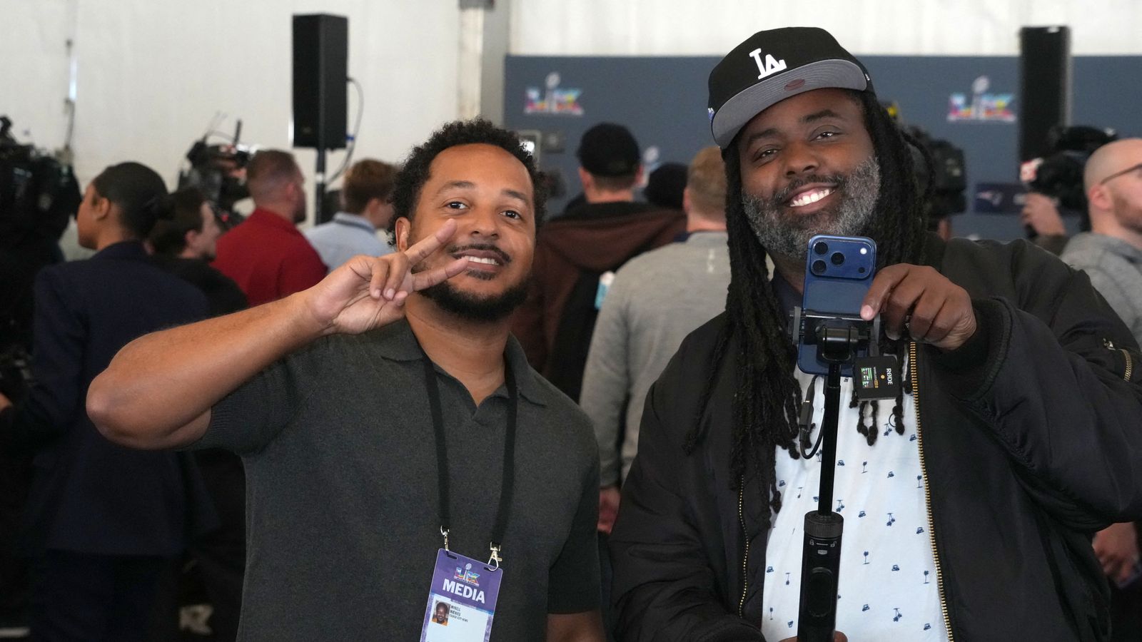 Mykell Mathieu and Eric Lambkins III at Super Bowl LX press conference.