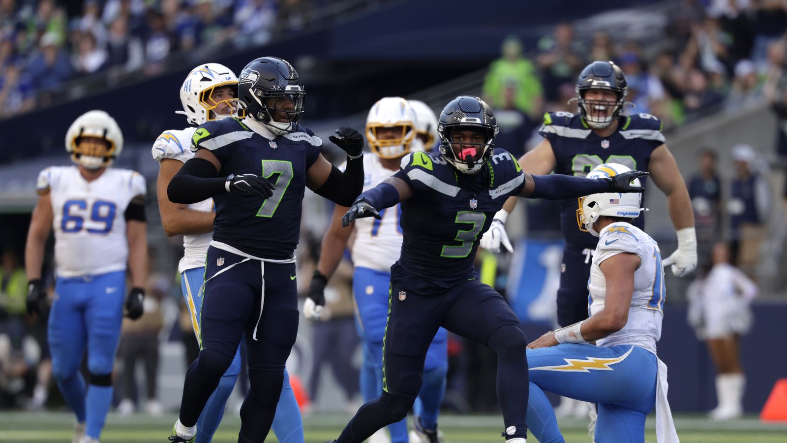 Nick Emmanwori of the Seahawks celebrates a play against the Chargers.